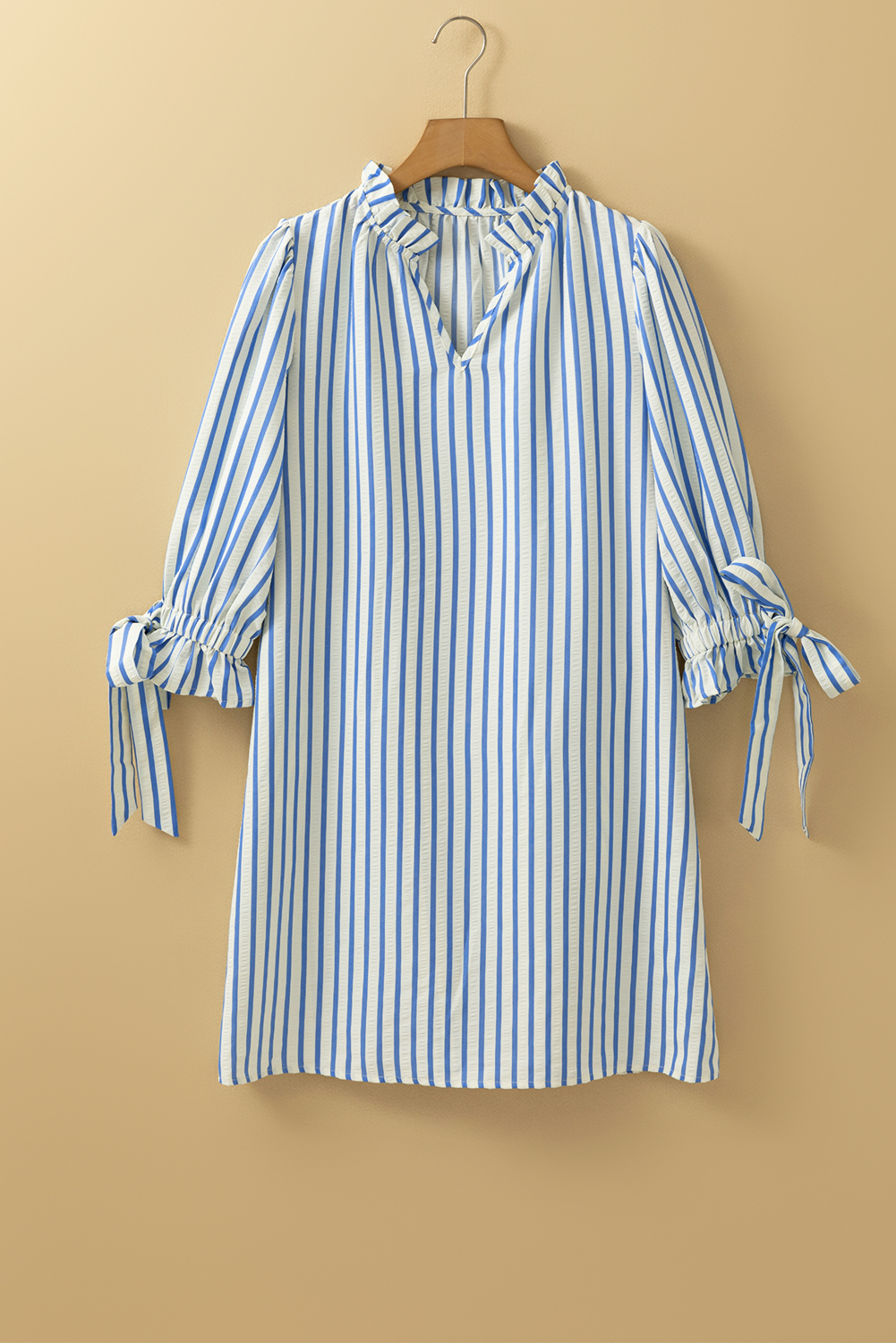 Sky Blue Stripe Knotted Bracelet Sleeve Notched Neck Shift Mini Dress - loveforevers