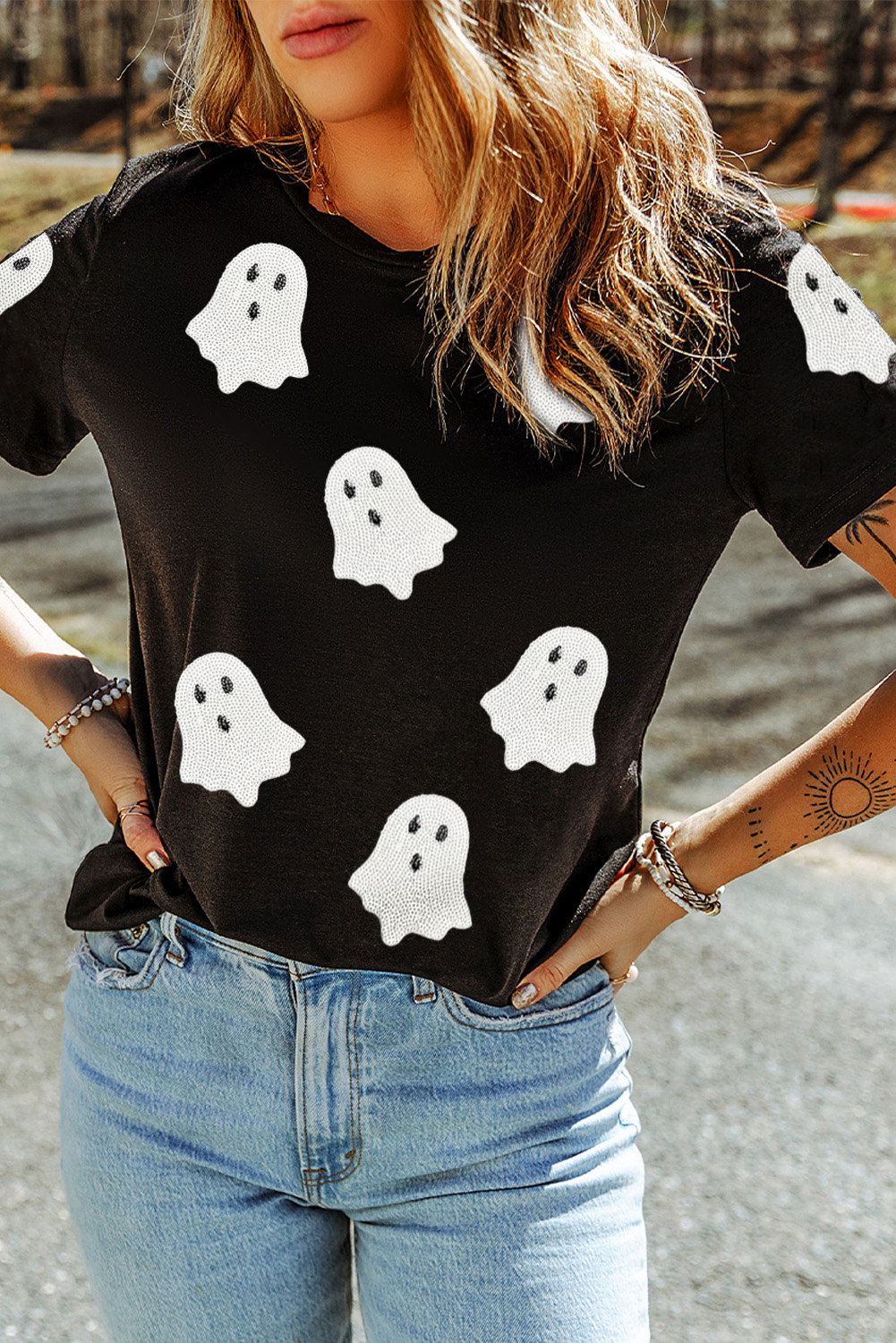Wisteria Glitter Trim Chenille Ghost Patched Halloween Graphic Tee - loveforevers
