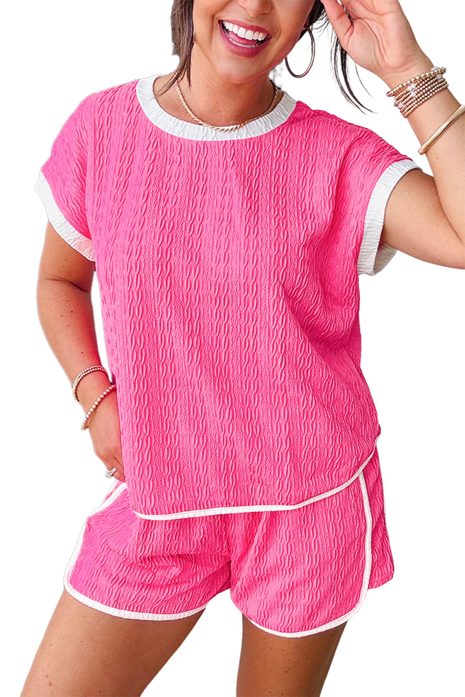 Bright Pink Textured Color Block Trim Loose Tee Drawstring Shorts 2pcs Set - loveforevers