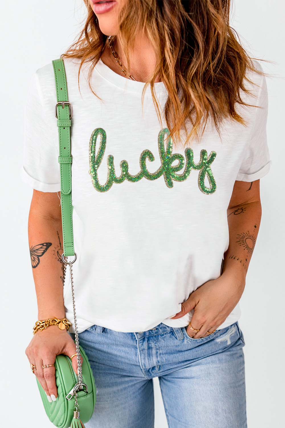 White Sequined Lucky St.Patricks Day Graphic Tee - loveforevers