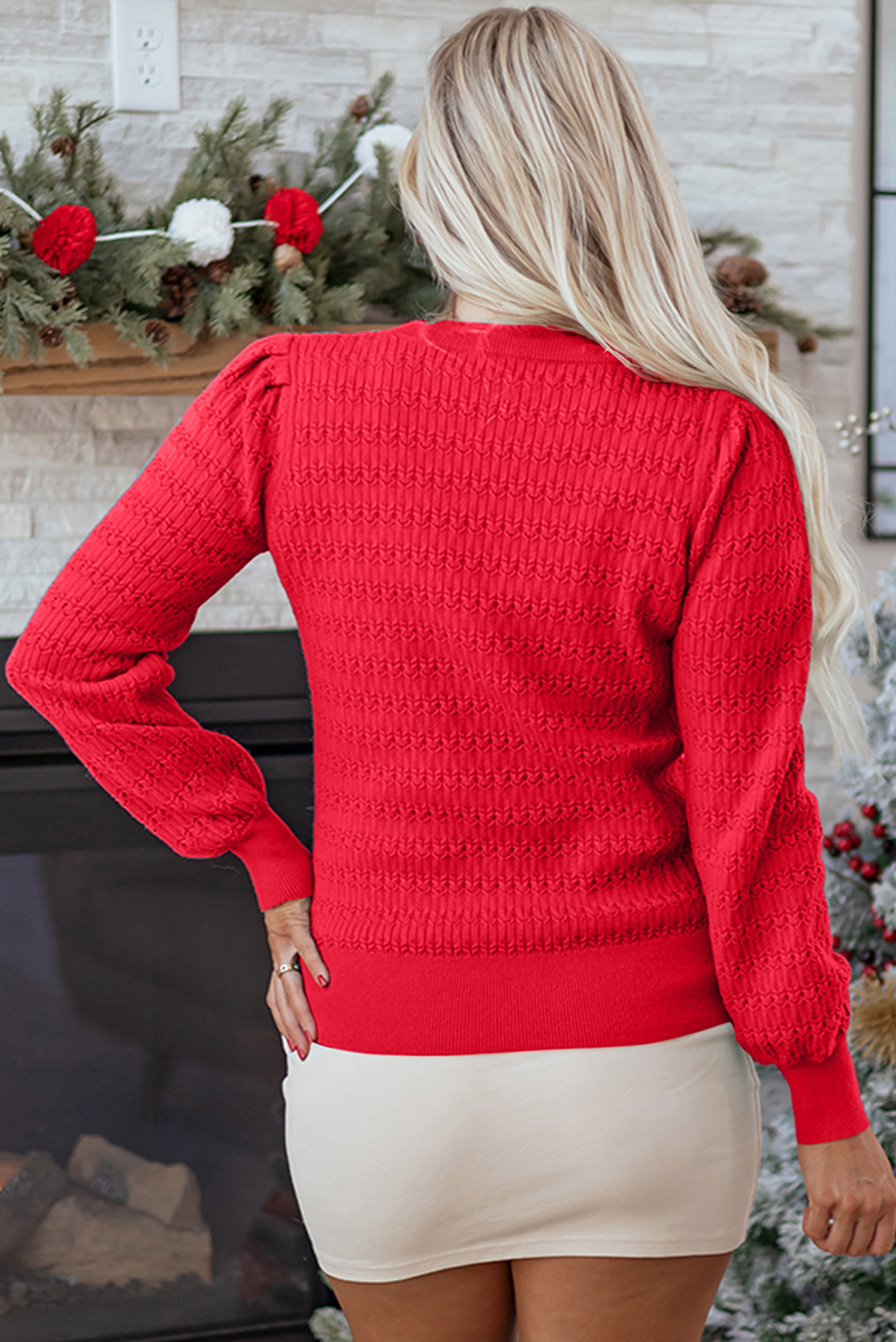 Fiery Red Trendy Pattern Knit Ribbed Cuffs Crew Neck Sweater - loveforevers