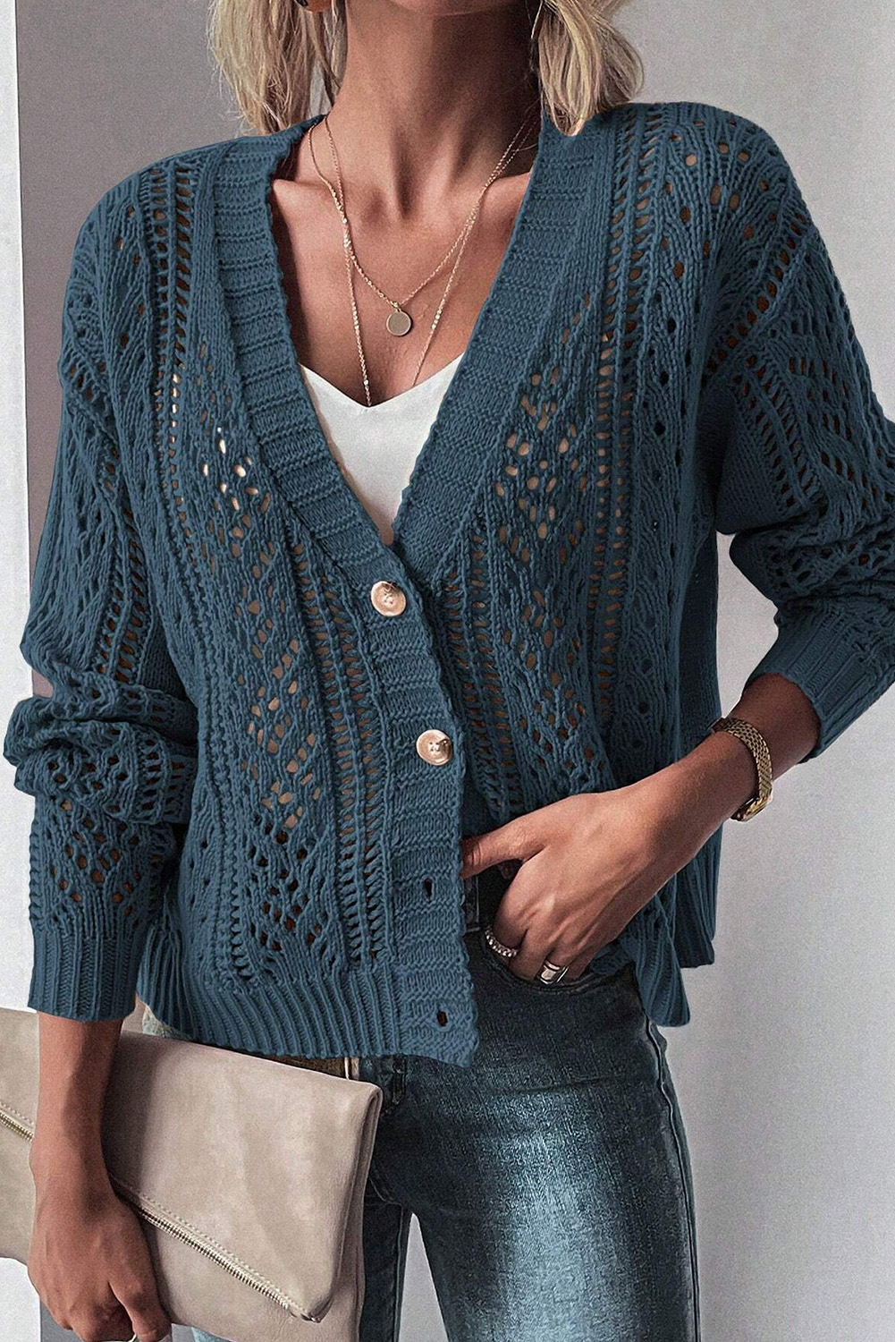 Dark Khaki Open Knit Drop Shoulder Sweater Cardigan - loveforevers