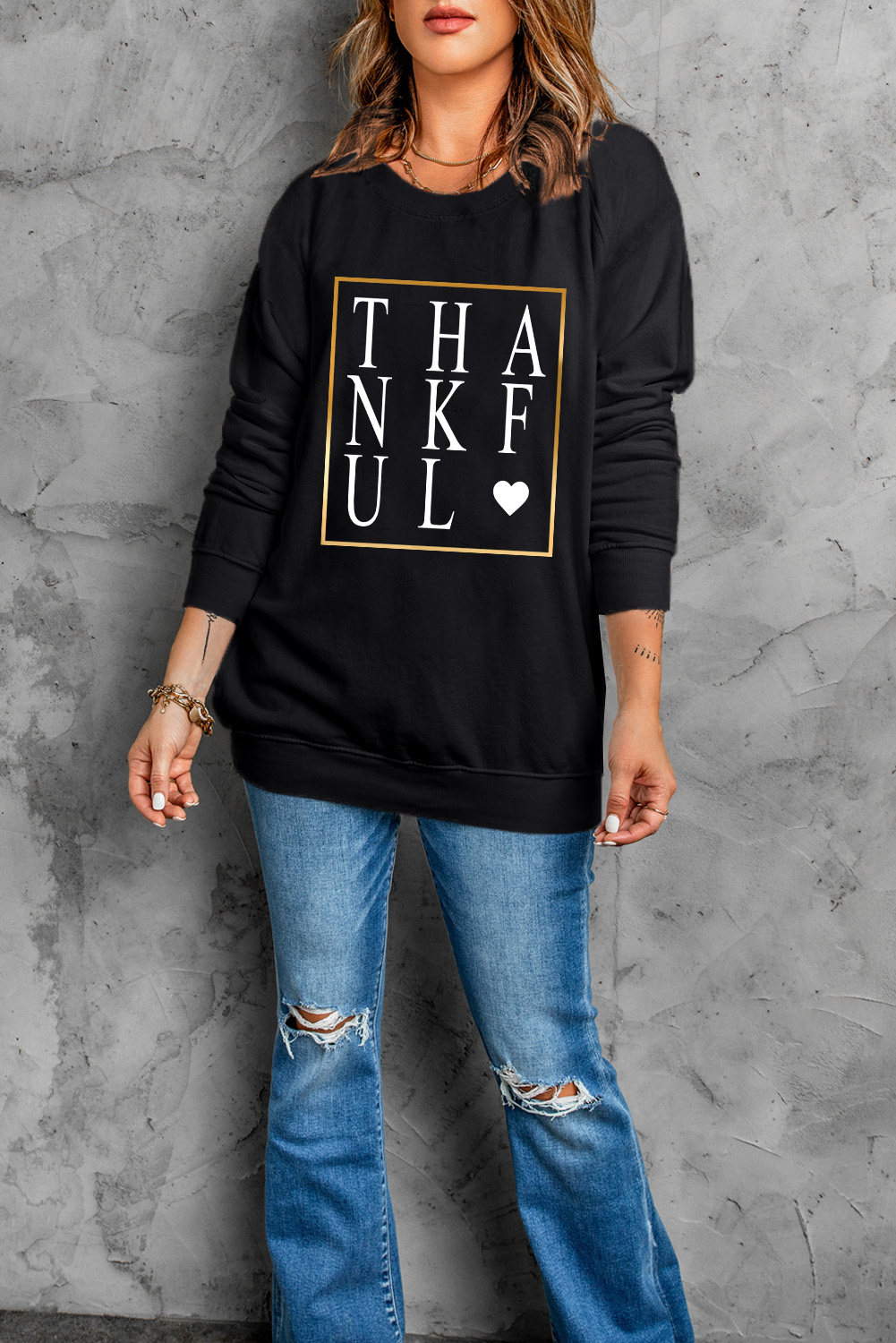 Black THANKFUL Heart Print Long Sleeve Sweatshirt - loveforevers