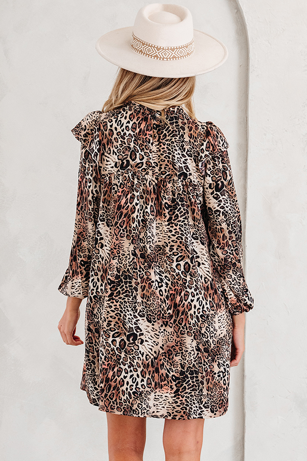 Brown Leopard Ruffled Detail Long Sleeve Loose Mini Dress - loveforevers