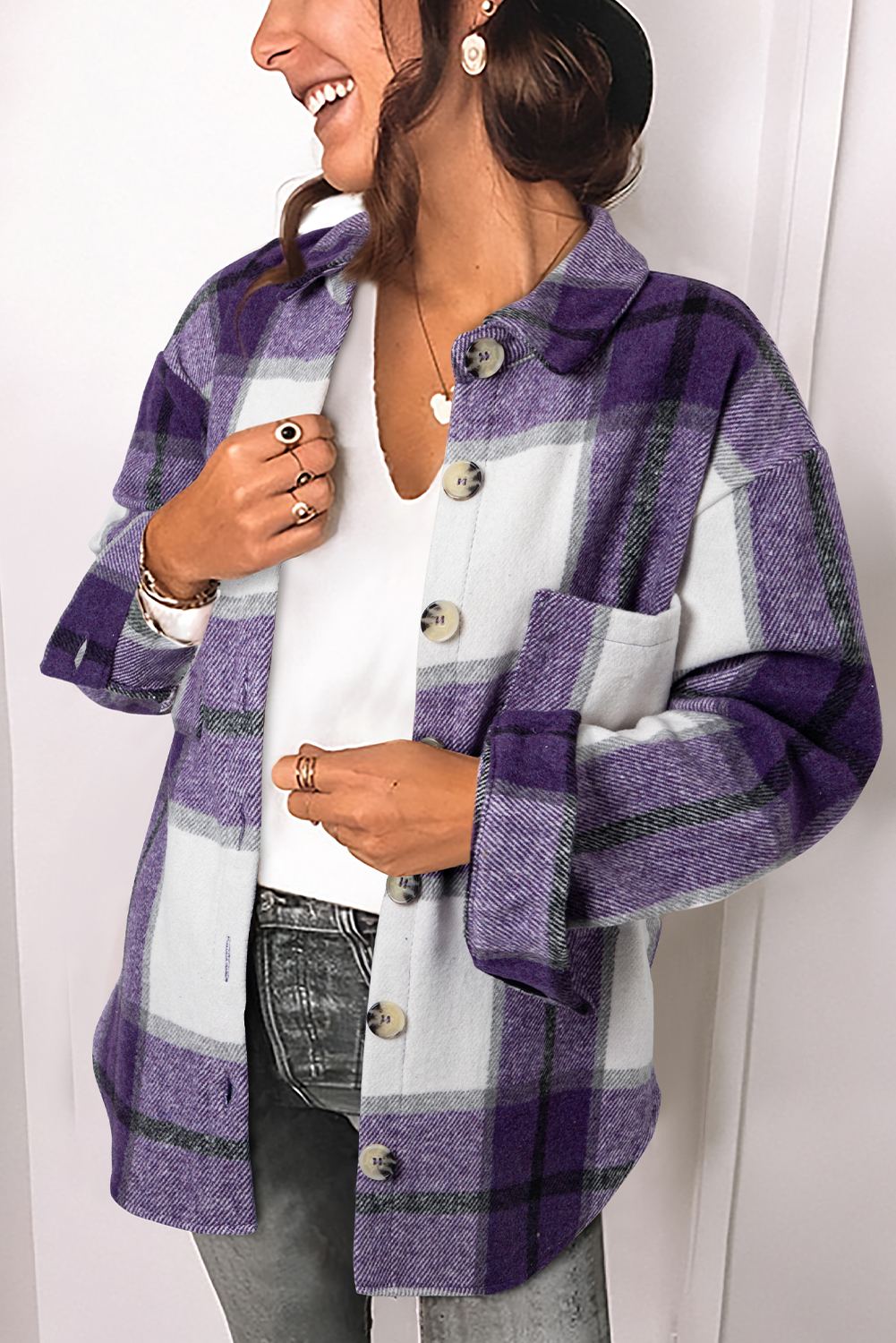 Purple Plaid Color Block Buttoned Long Sleeve Jacket with Pocket - loveforevers
