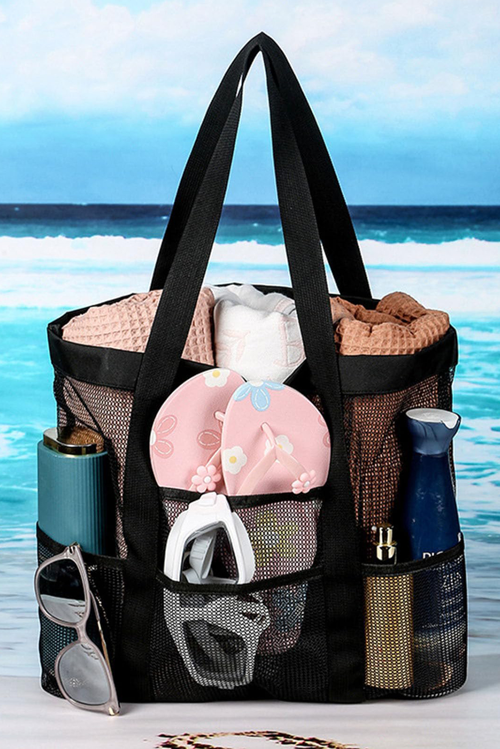 Black Multi-pocket Large Mesh Tote Bag - loveforevers