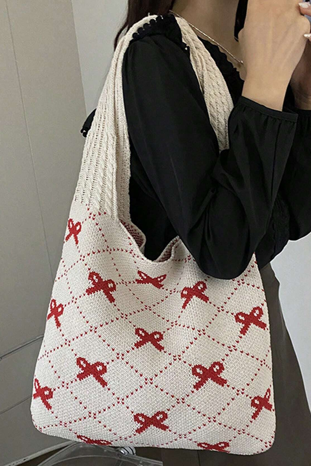 Fiery Red Bow Argyle Pattern Cable Knit Handle Tote Bag - loveforevers