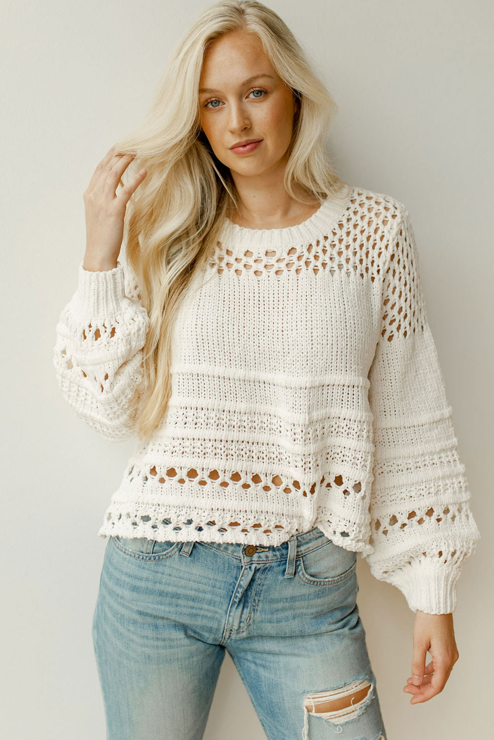 White Solid Color Pointelle Knit Puff Sleeve Sweater - loveforevers