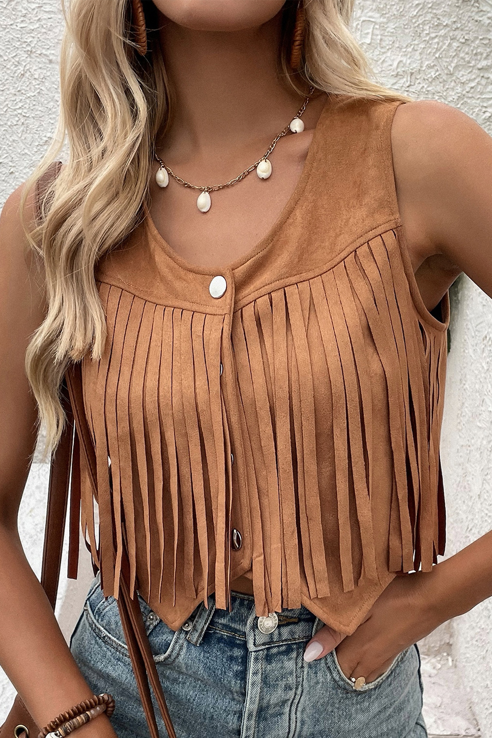 Camel Fringed Snap Button Front Suedette Vest - loveforevers
