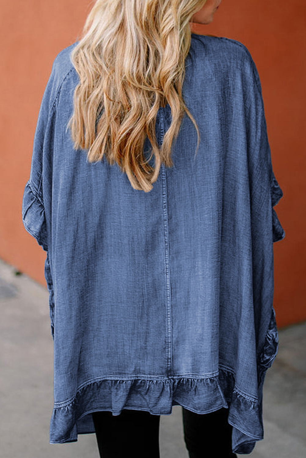 Dusk Blue Chambray Ruffle Hem Half Sleeve Open Loose Kimono - loveforevers