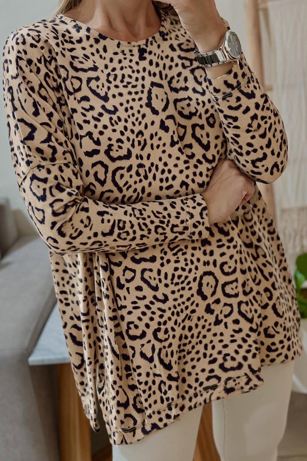 Khaki Leopard Print Long Batwing Sleeve Loose Top - loveforevers