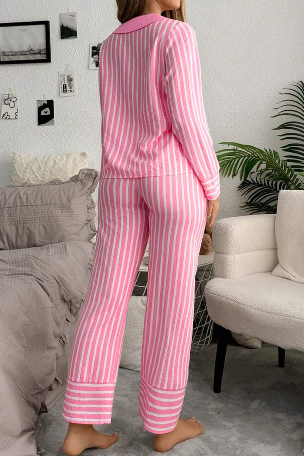 Pink Stripe Buttoned Front Long Sleeve Top and Pants 2 Piece Sleepwear - loveforevers