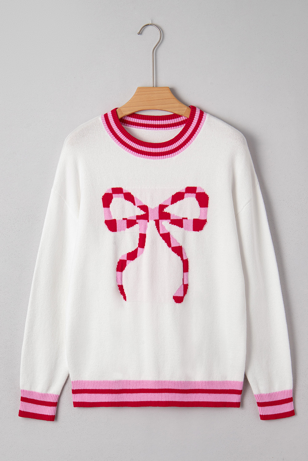 White Striped Trim Bow Graphic Round Neck Drop Shoulder Sweater - loveforevers