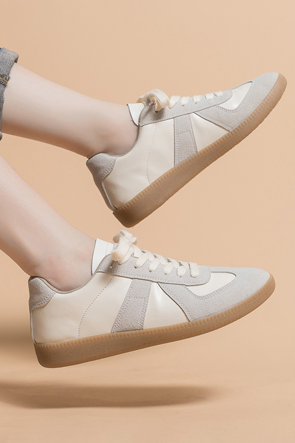 Beige PU Leather Suede Patched Lace-up Flat Shoes - loveforevers