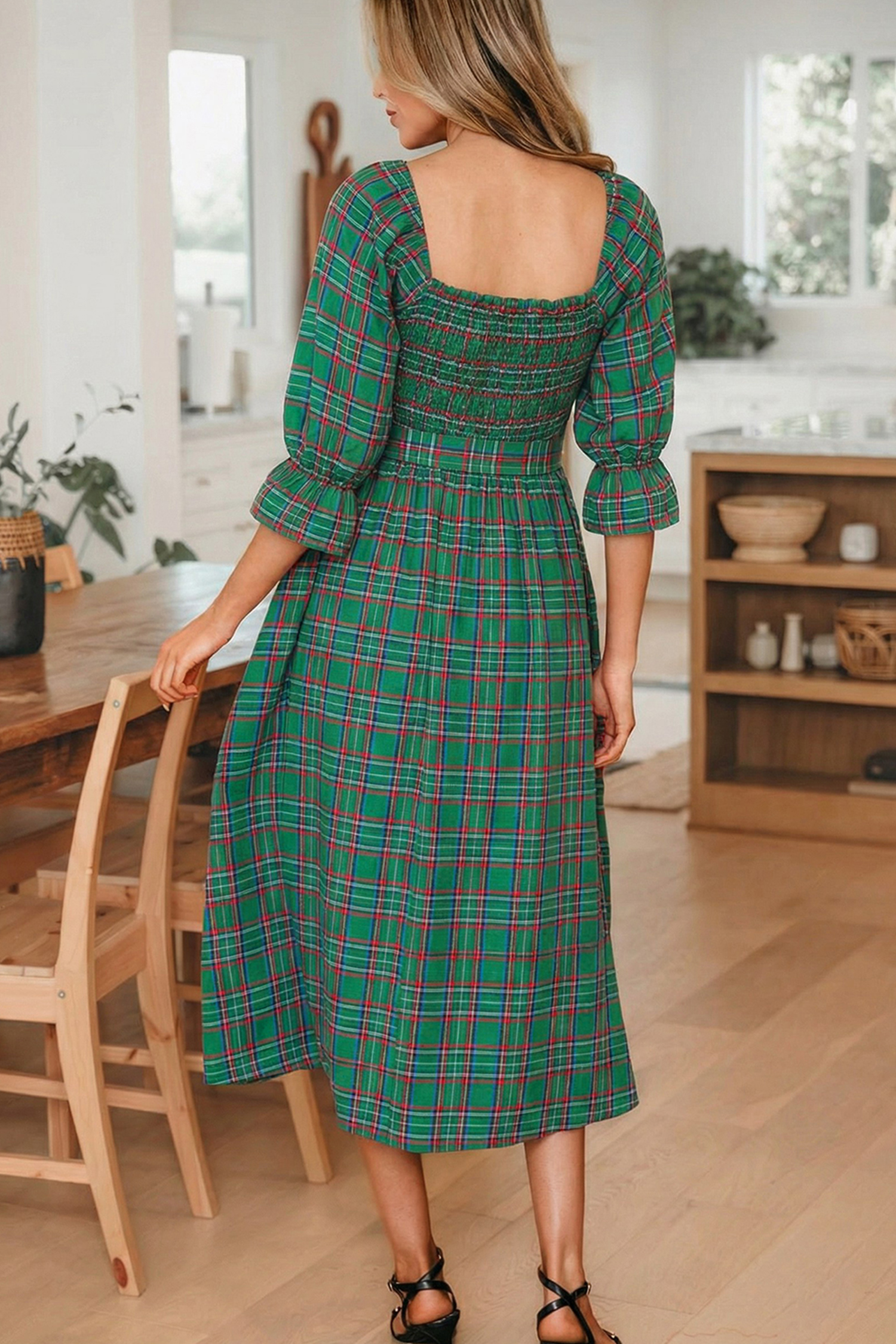 Red Tartan Plaid Square Neck Puff Sleeve Knot Waist Flared Midi Dress - loveforevers