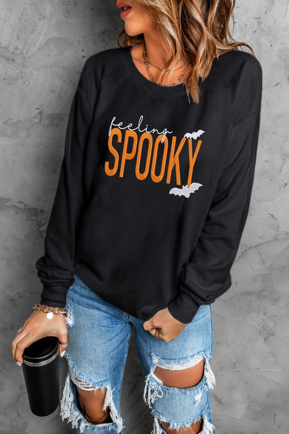 Black Feeling Spooky Halloween Embroidered Graphic Baggy Sweatshirt - loveforevers