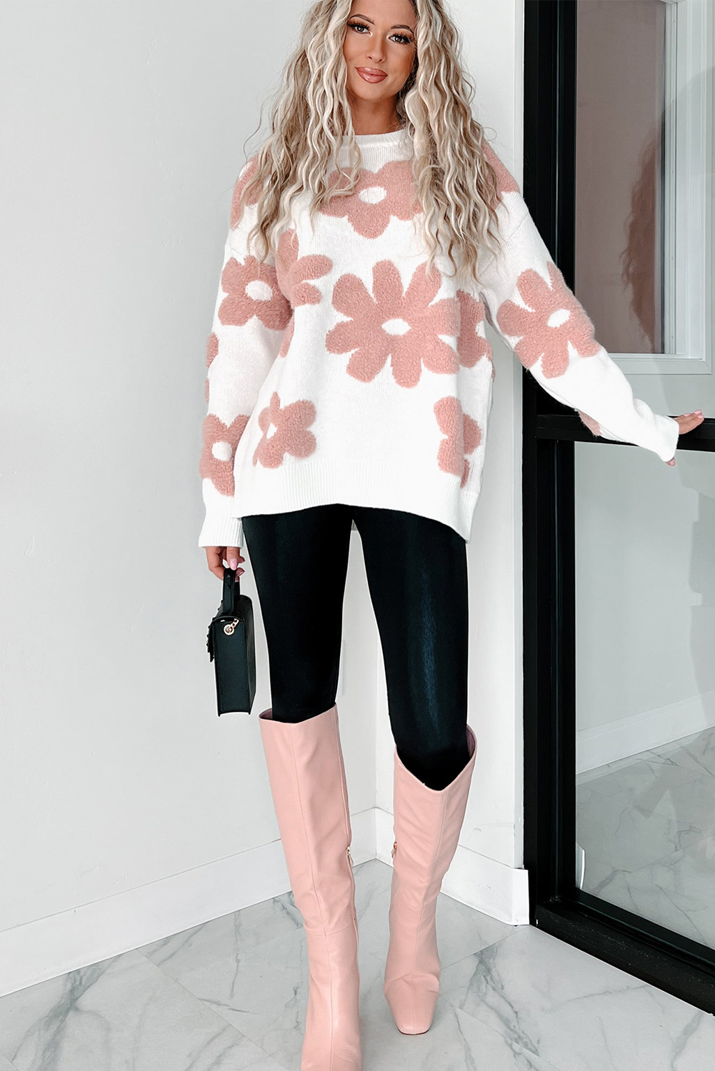 White Textured Flower Drop Shoulder Loose Sweater - loveforevers