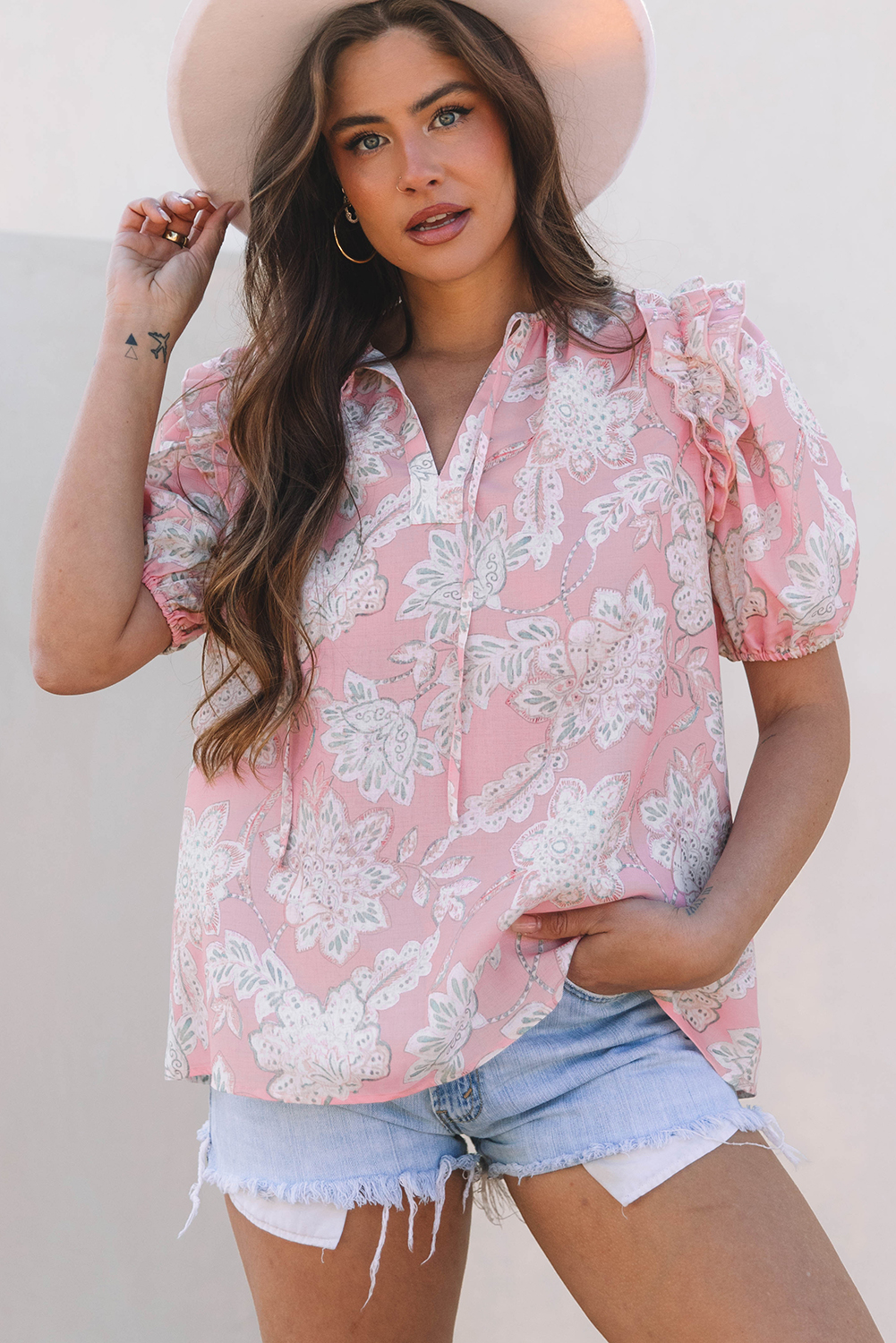 Pink Floral Print Drawstring V Neck Puff Sleeve Loose Blouse - loveforevers