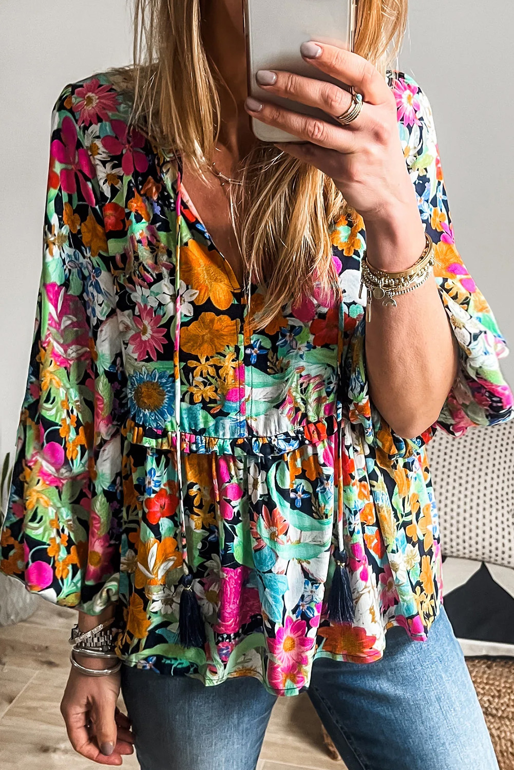 Multicolour Floral Print Bubble Sleeve V Neck Ruffled Blouse - loveforevers