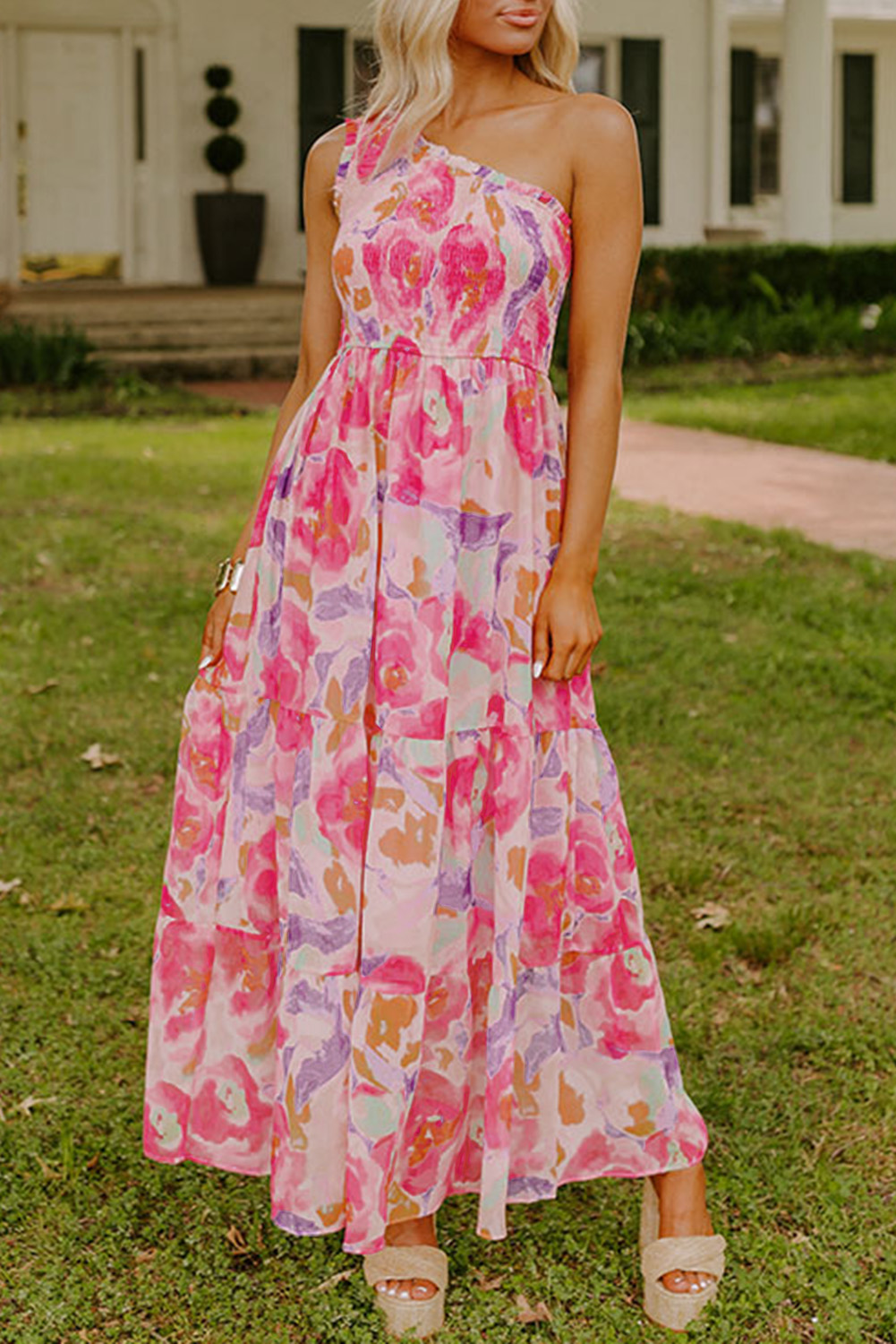 Pink Abstract Floral Print Shirred One Shoulder Maxi Dress - loveforevers