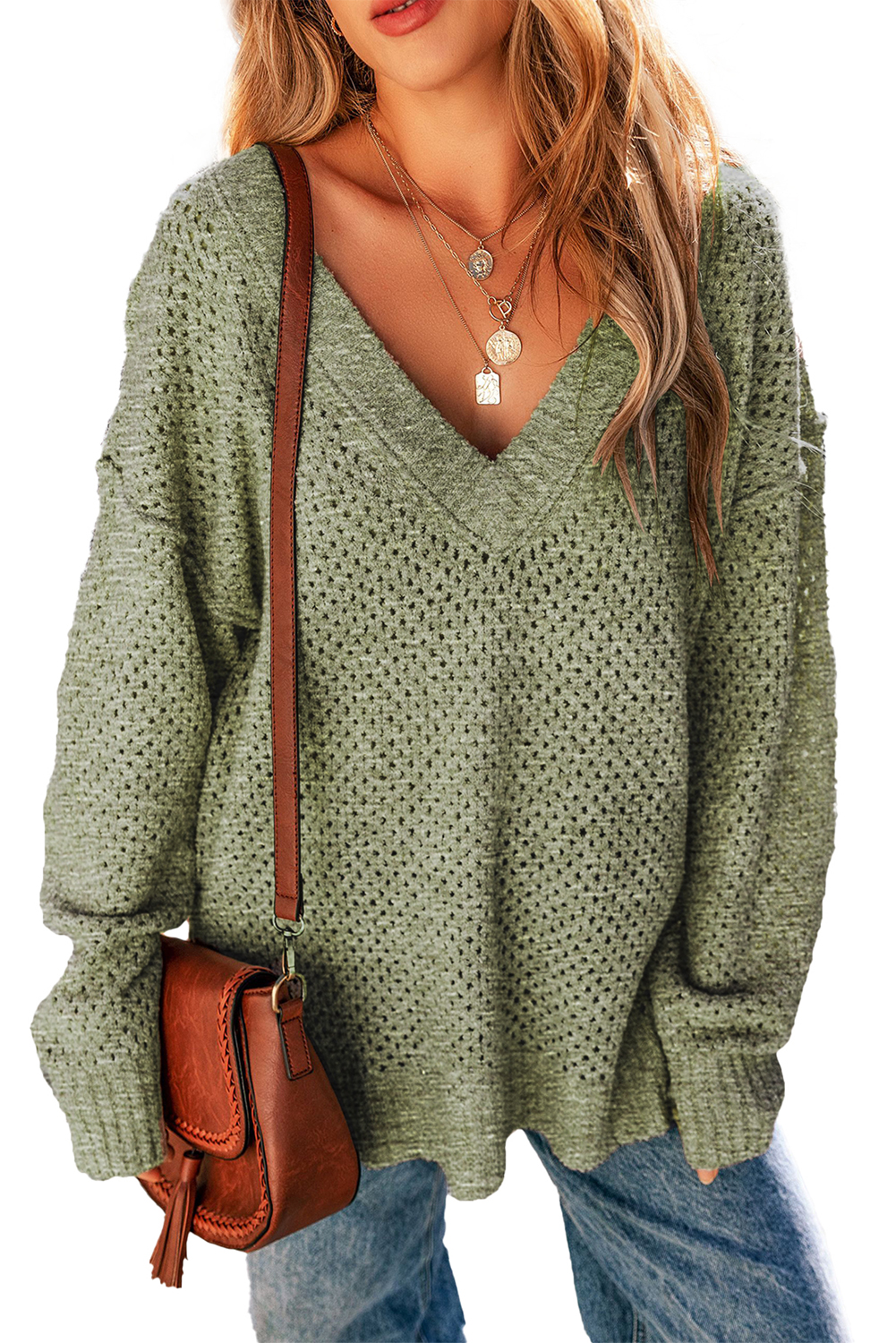 Parchment Loose Eyelet V Neck Drop Shoulder Sweater - loveforevers