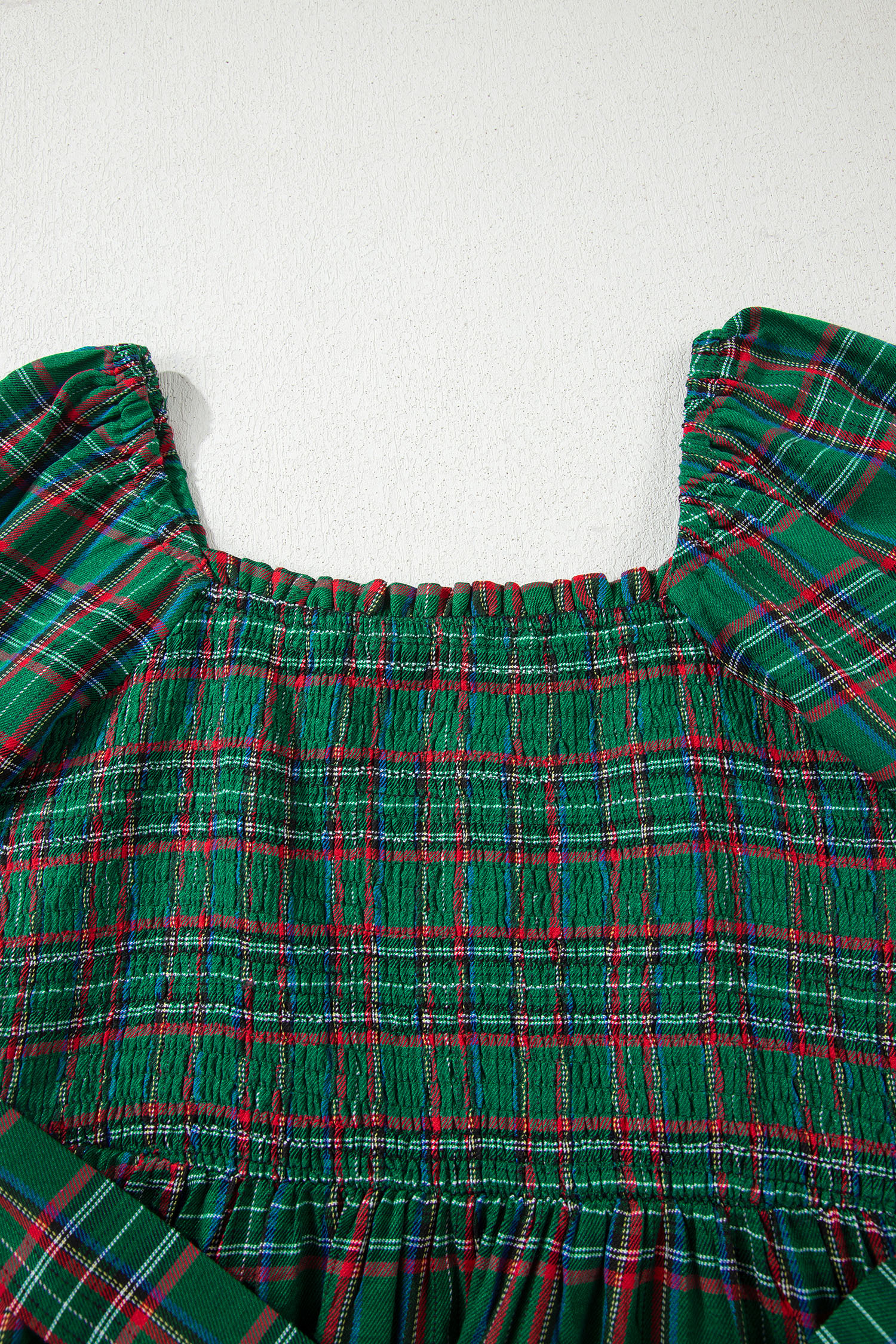 Red Tartan Plaid Square Neck Puff Sleeve Knot Waist Flared Midi Dress - loveforevers