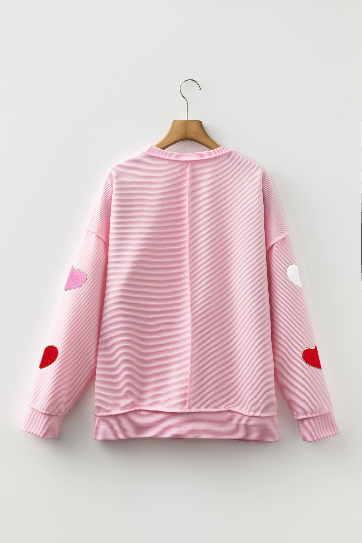 Pink Ribbed Texture Chenille Heart Glitter Trim Patched Long Sleeve Top - loveforevers