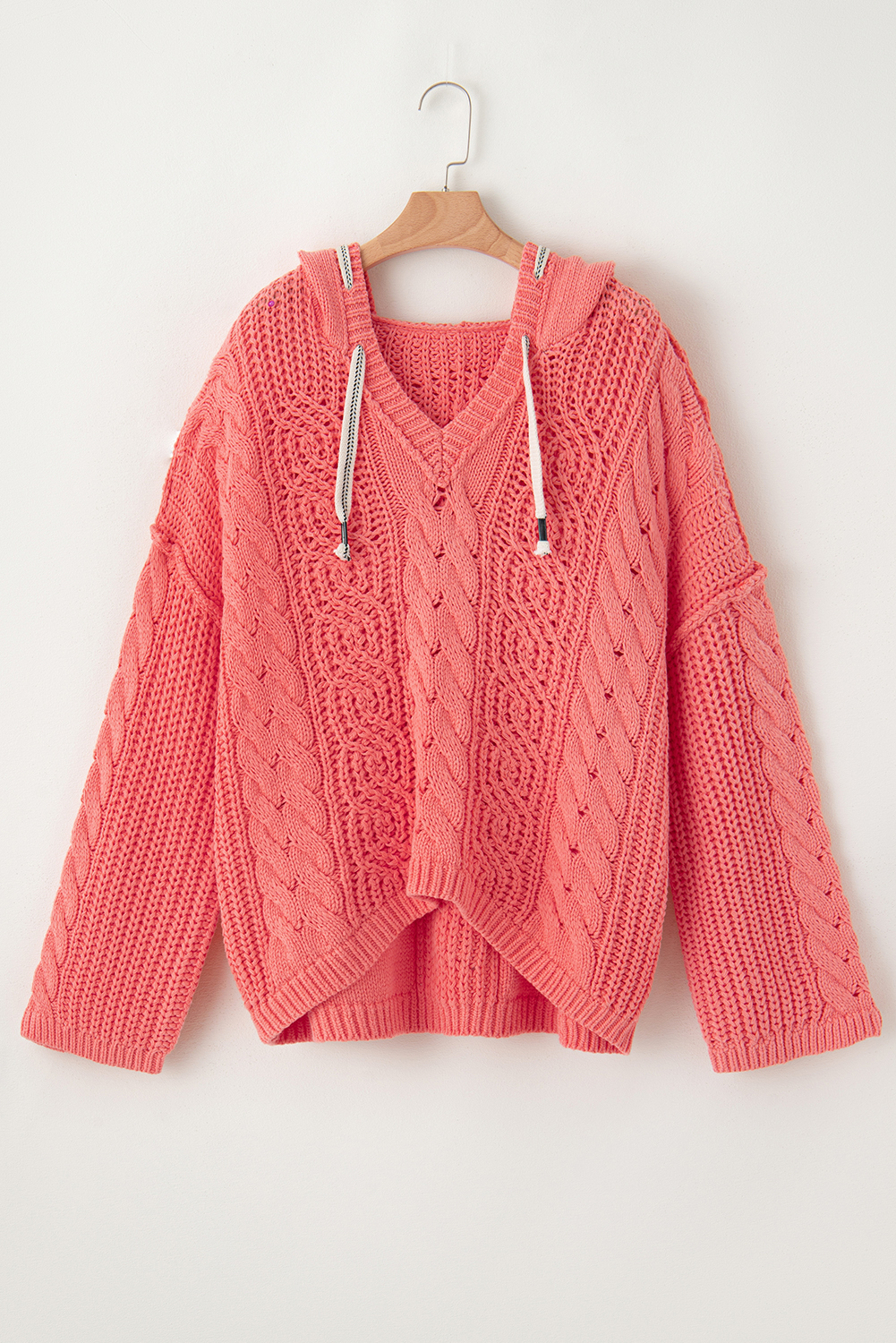 Gold Flame Cable Knit V Neck Contrast Drawstring Hooded Sweater - loveforevers