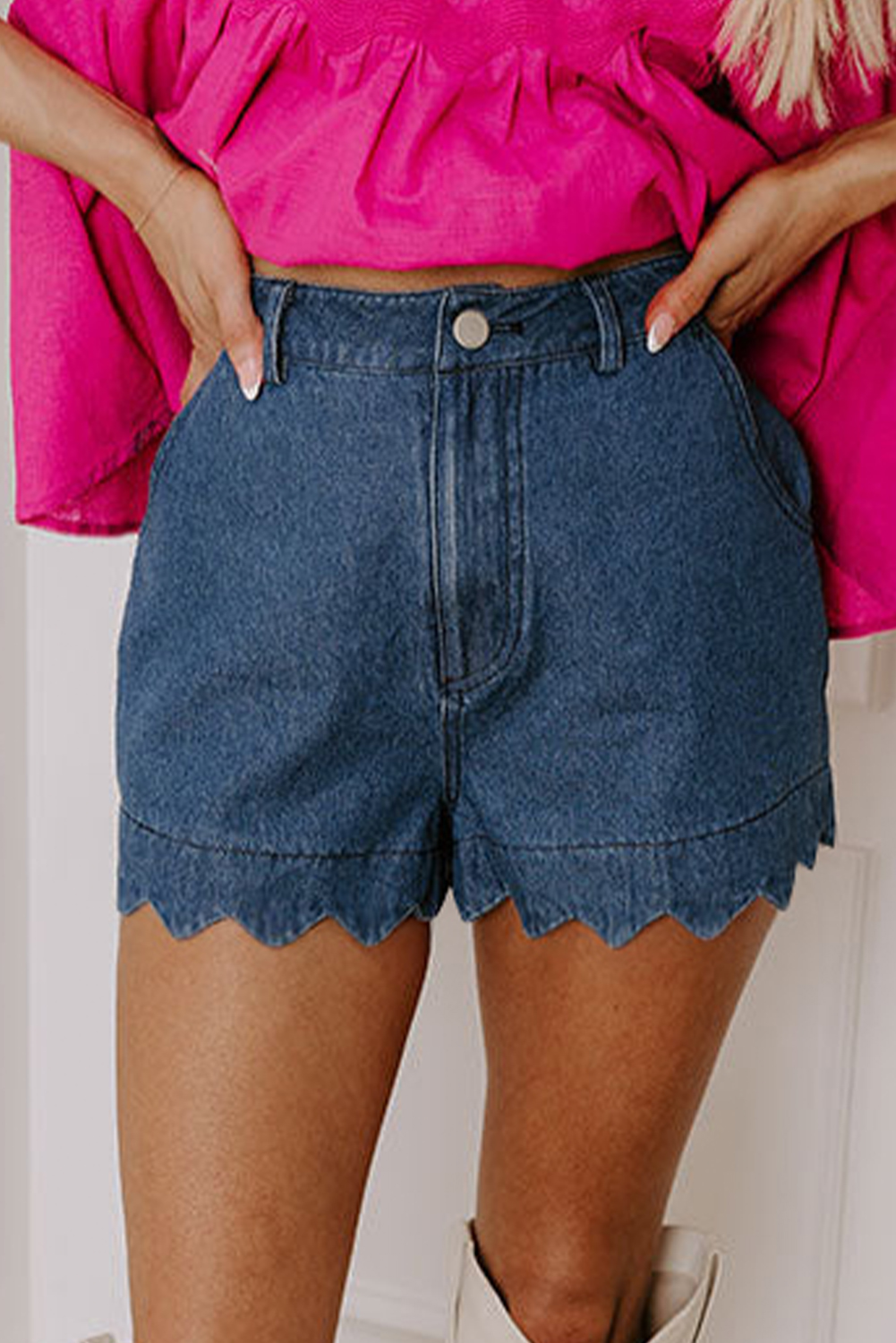 Sail Blue Scalloped Hemline Acid Wash High Waist Denim Shorts - loveforevers