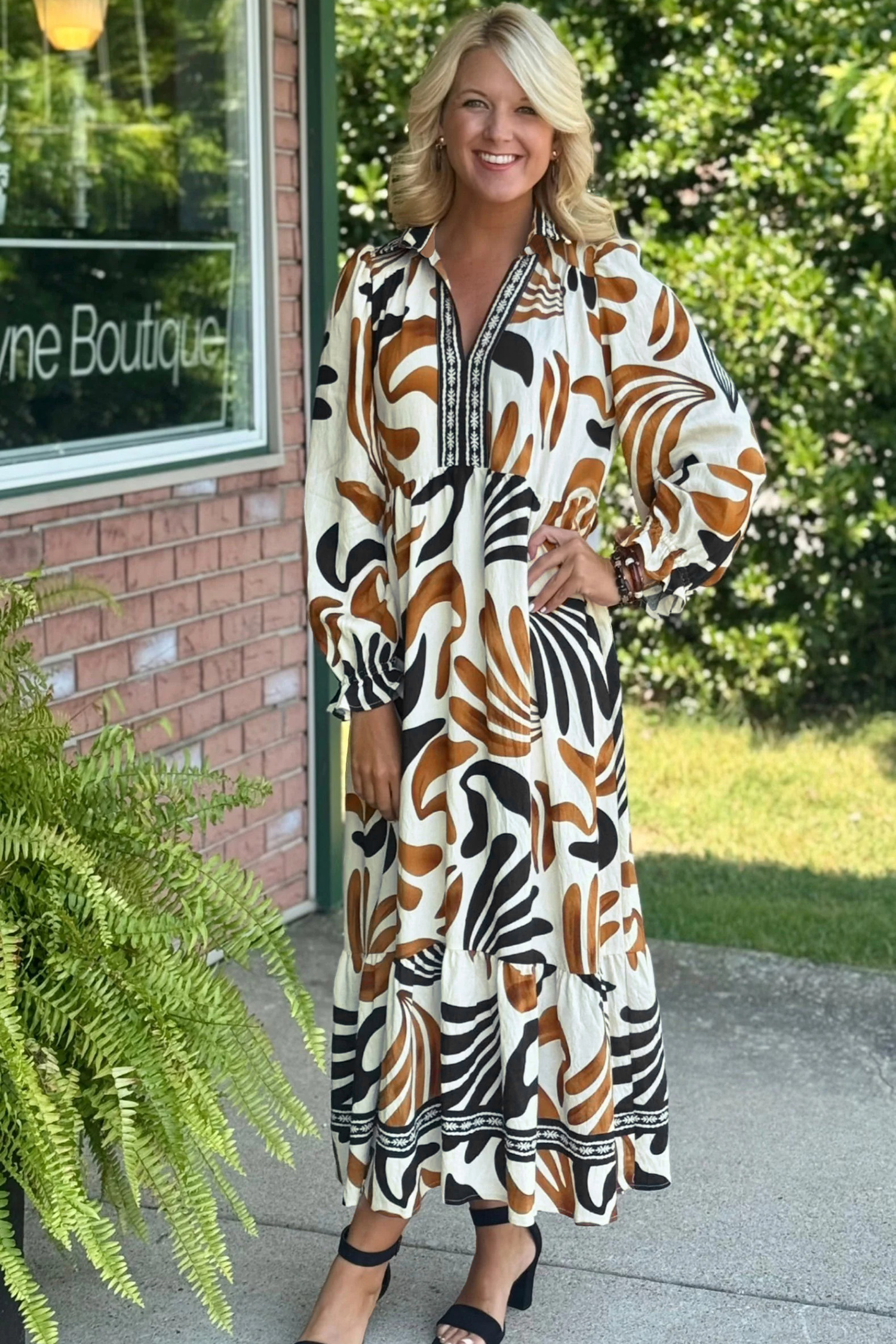 Brown Tropical Printed Contrast Trim Neck Long Sleeve Ruffle Hem Dress - loveforevers