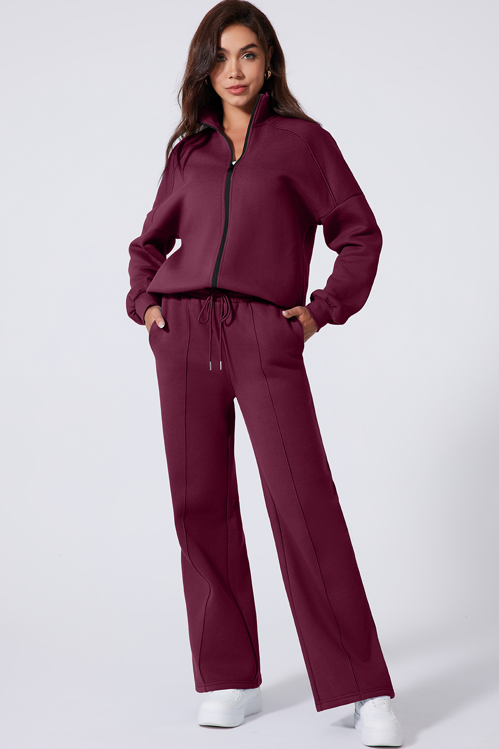 Navy Blue Drop Shoulder Zip Up Jacket Drawstring Pants Active 2pcs Set - loveforevers