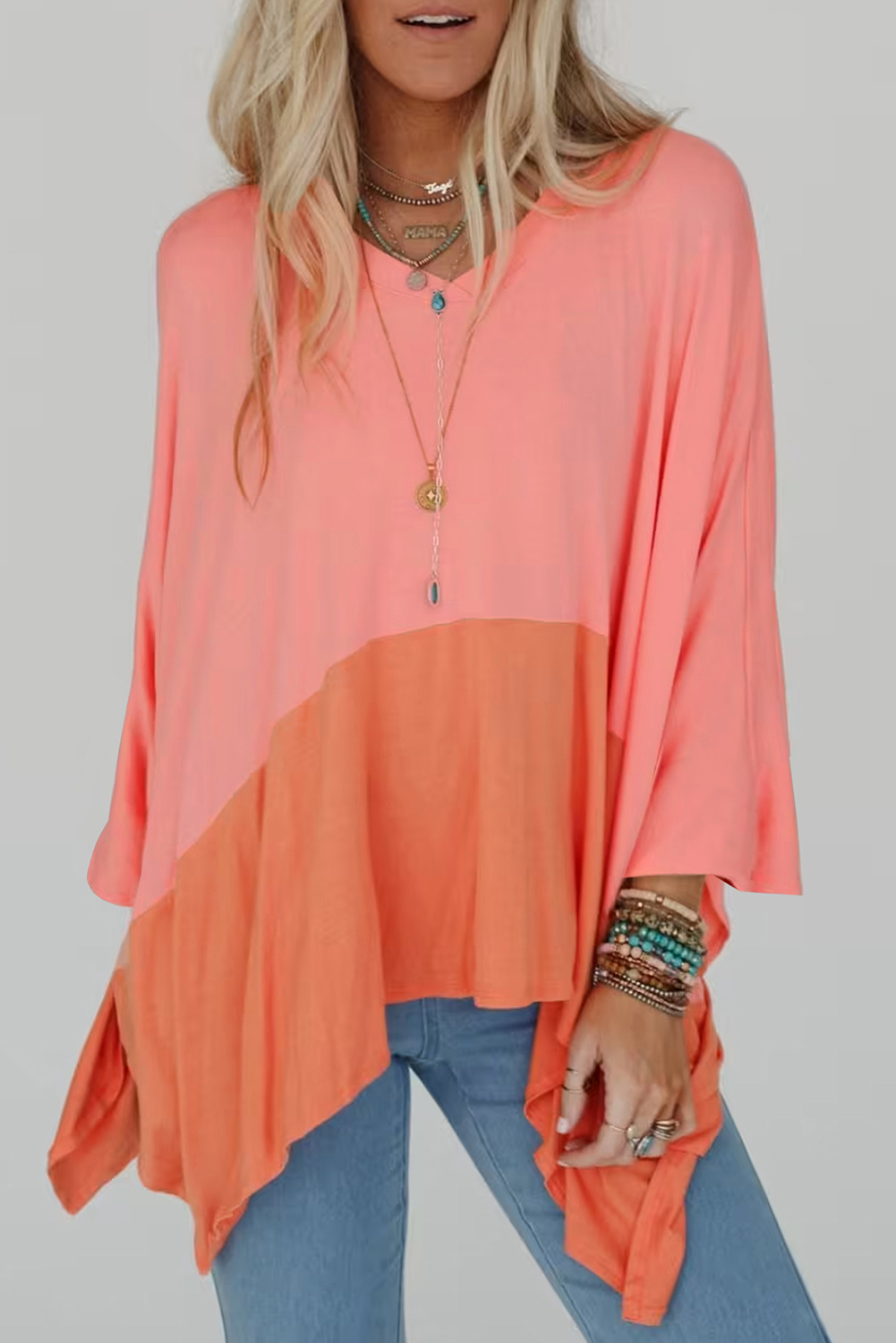 Grapefruit Orange Contrast Color Patchwork Oversized Side Split Top - loveforevers