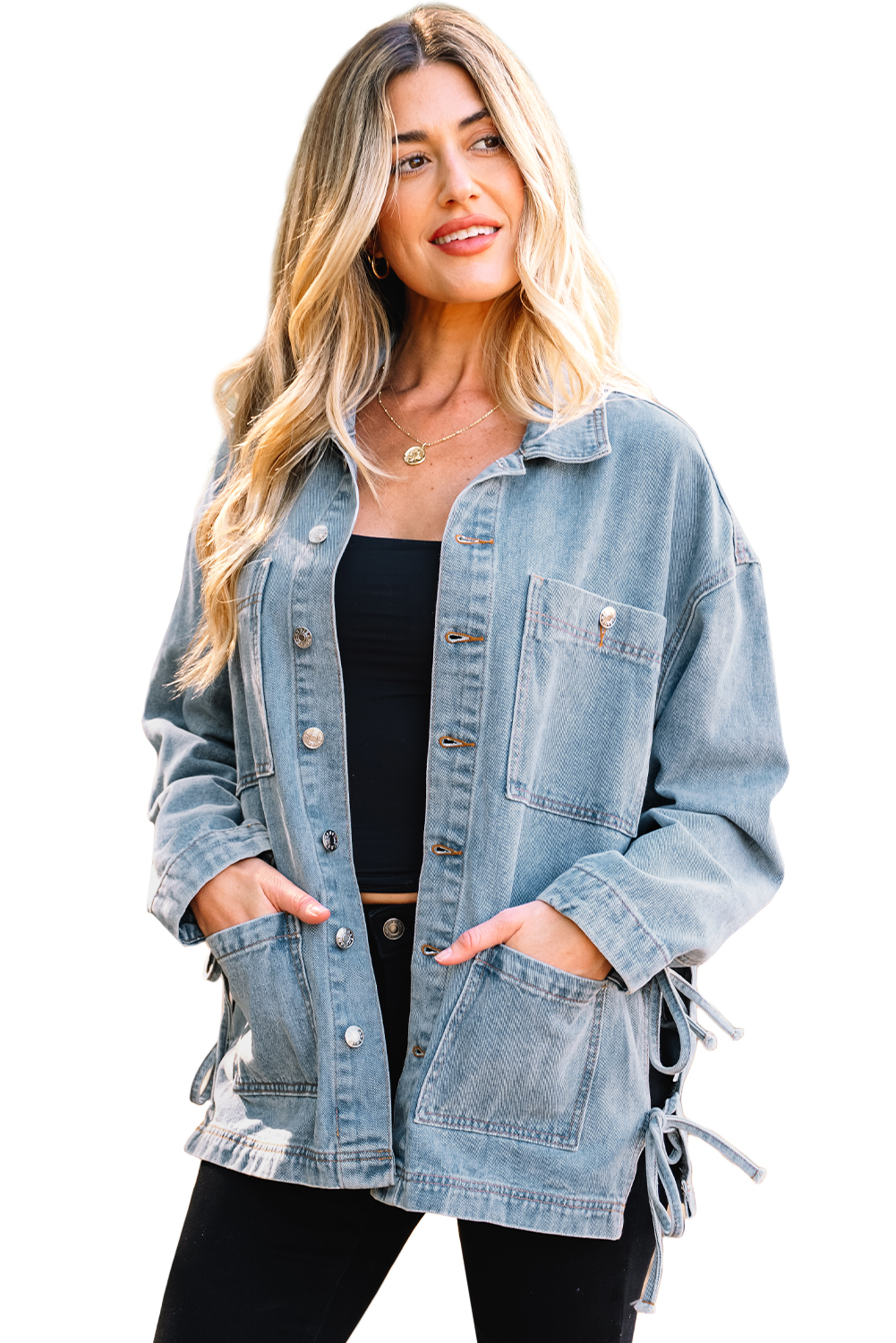 Beau Blue Multi Patched Pockets Side Tie up Boyfriend Style Denim Jacket - loveforevers