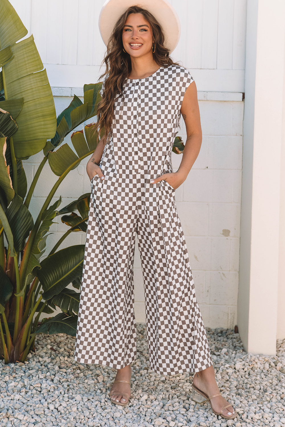 Khaki Checkered Print Buttoned Crew Neck Wide Leg Jumpsuit - loveforevers