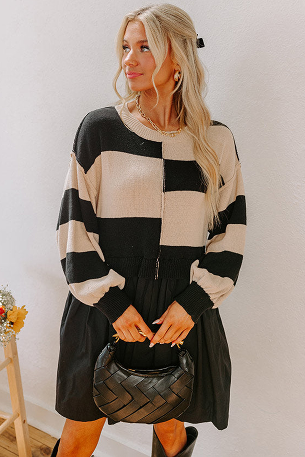 Black Stripe Two in One Knitted Top High Waist Splicing Hem Sweater Dress - loveforevers