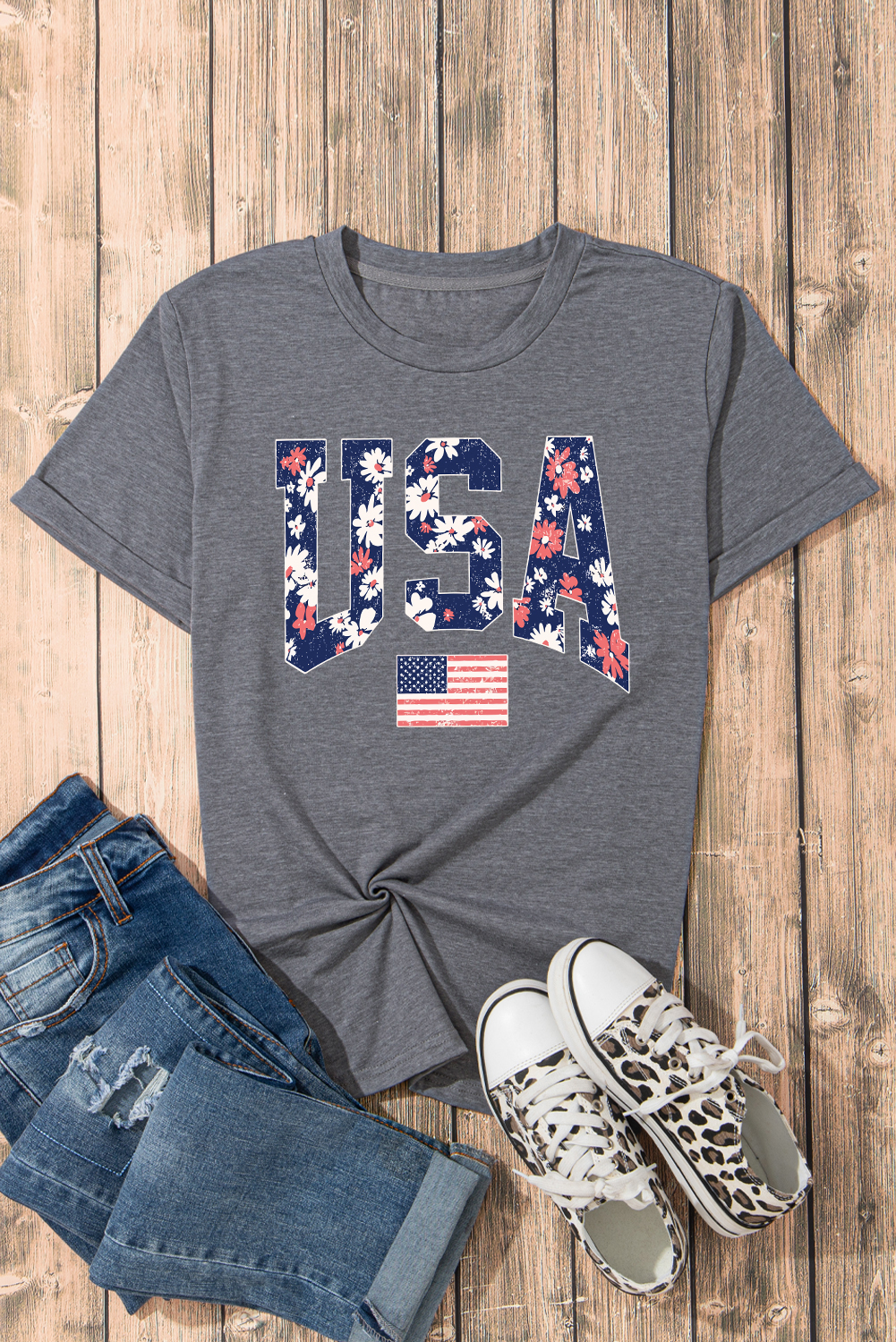 Gray Blooming USA Flag Print Casual T Shirt - loveforevers