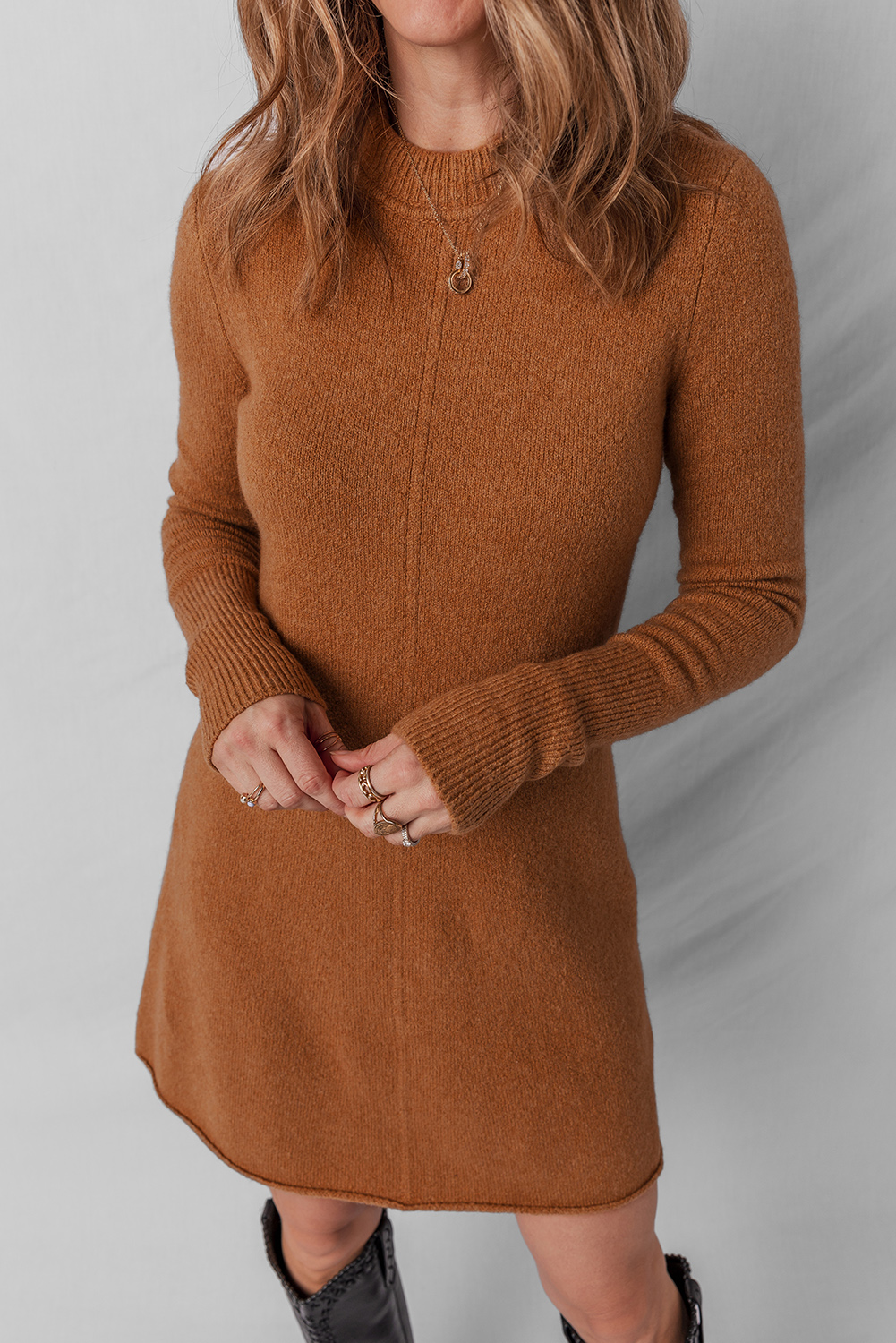 Straw Yellow Ribbed Detail Solid Color Mini Sweater Dress - loveforevers