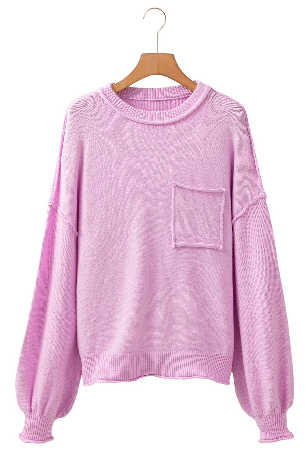 Pink Raw Edge Ribbed Detail Drop Shoulder Sweater - loveforevers