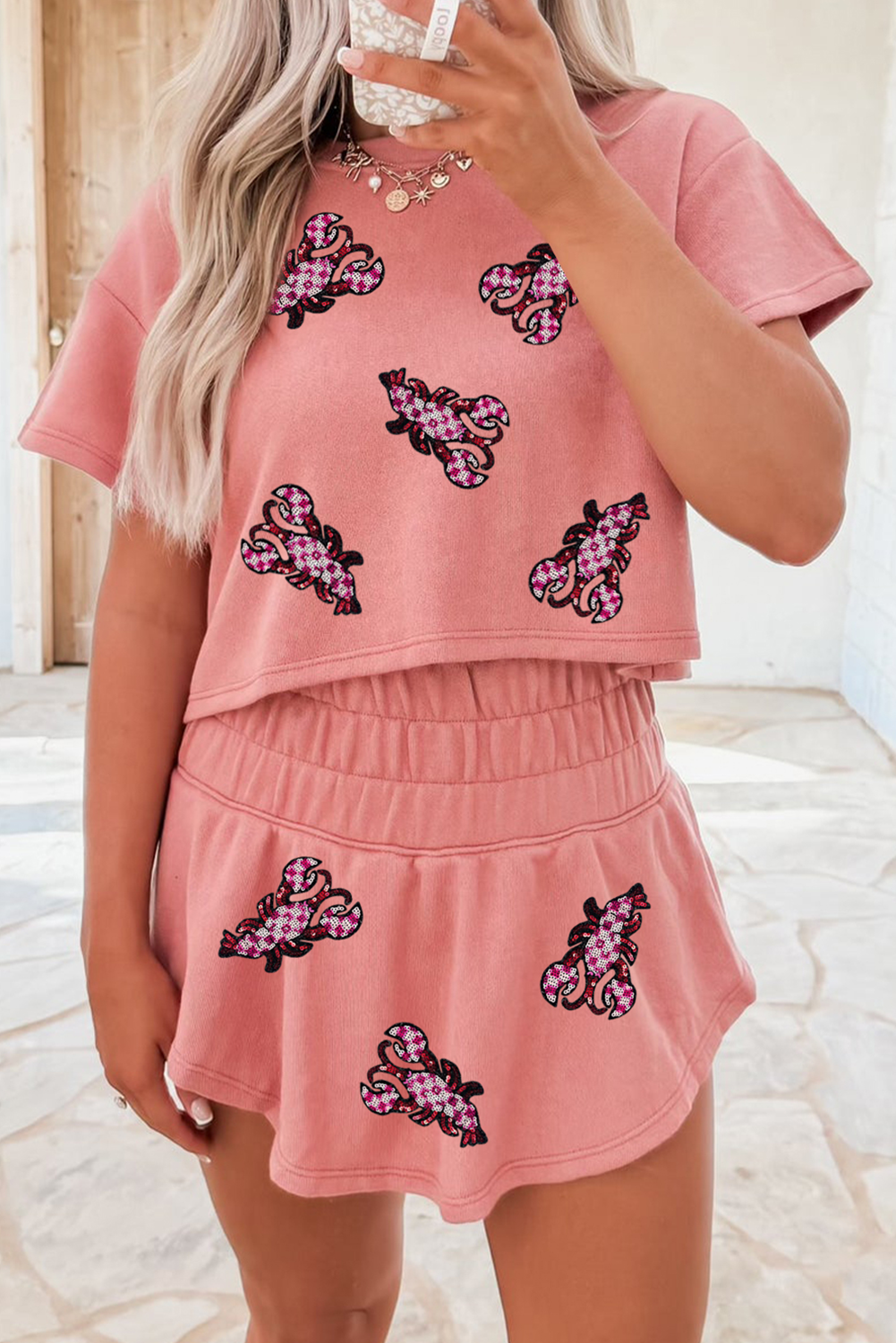 Blossom Sequined Lobster Patched Crop Tee and High Waist Short Set - loveforevers