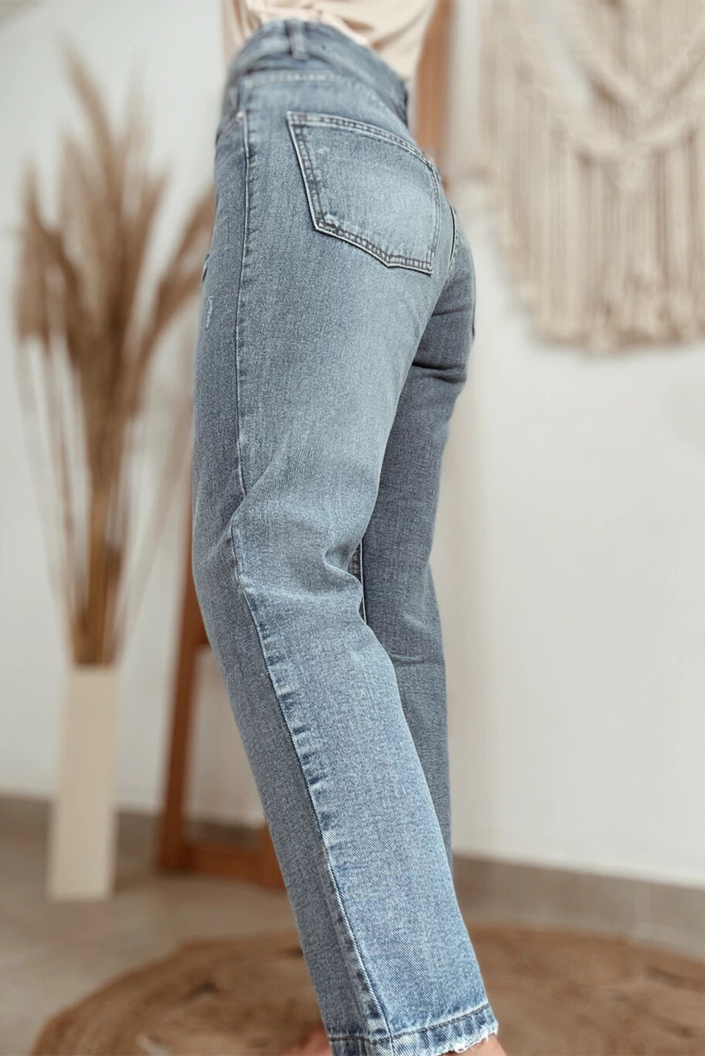 Beau Blue Slightly Distressed Ankle-length Straight Jeans - loveforevers