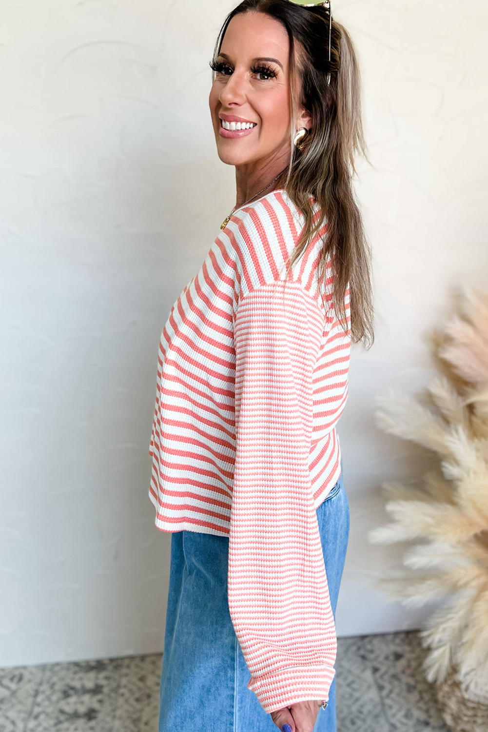 Pink Stripe Textured Contrast Dropped Long Sleeve Top - loveforevers
