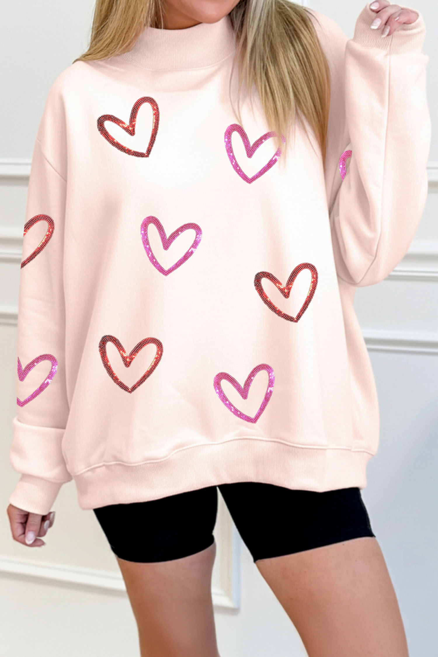 Apricot Pink Sequin Heart Sketch Patched Mock Neck Sweatshirt - loveforevers