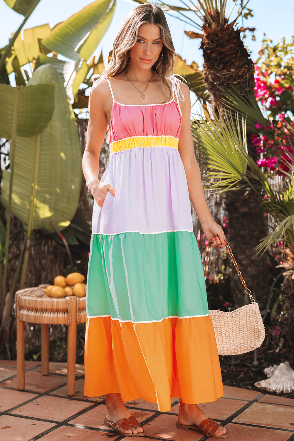 Multicolour Colorblock Self-tie Straps High Waist Flowy Maxi Dress with Pockets - loveforevers
