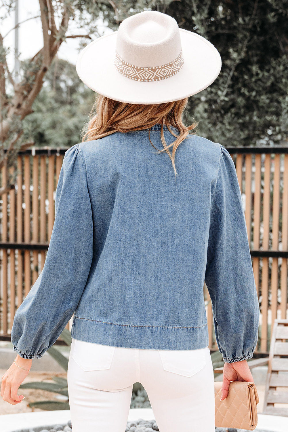 Dusk Blue Tied Front Long Puff Sleeve Denim Top - loveforevers