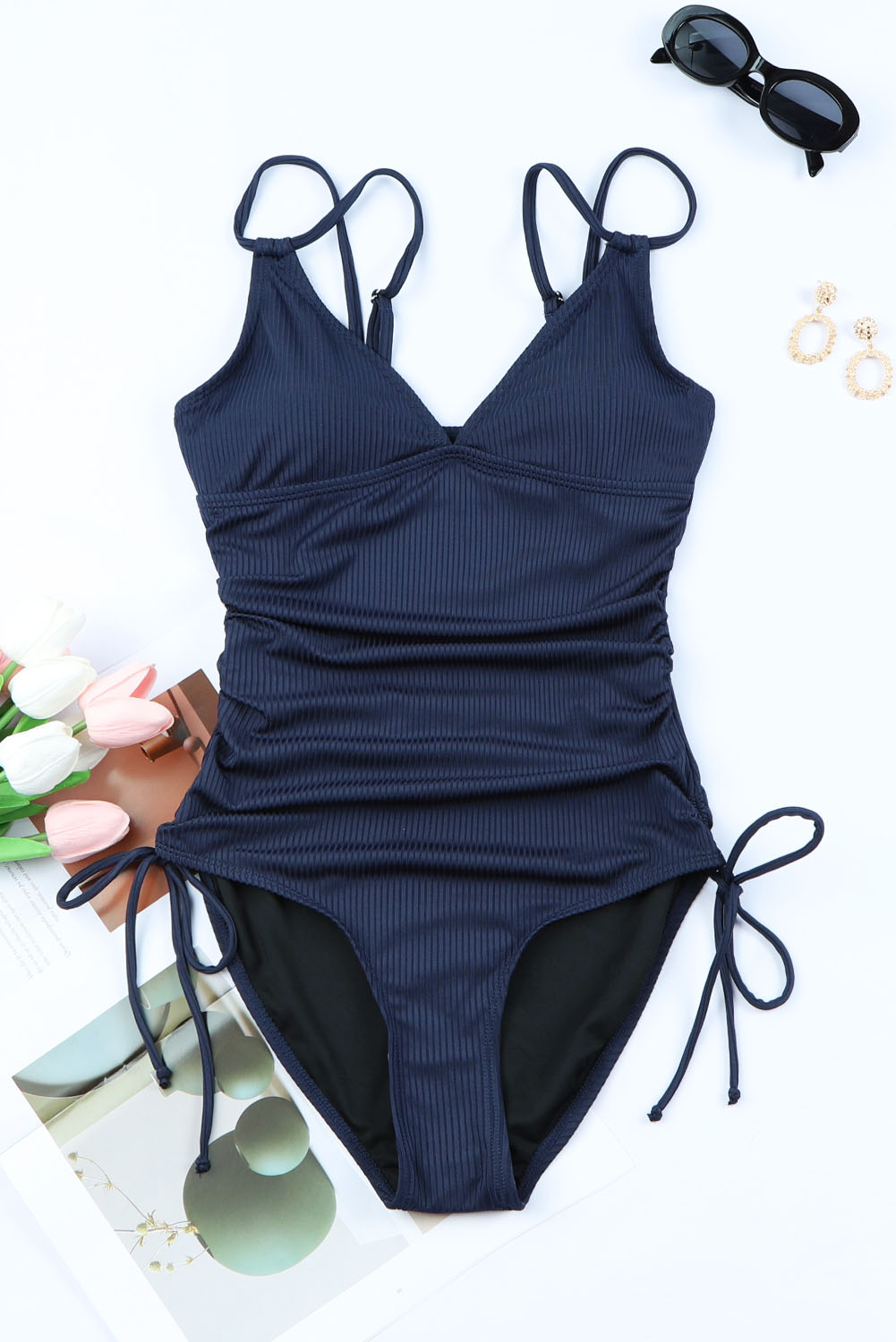 Blue Adjustable Straps Ribbed Knit One Piece Swimsuit - loveforevers