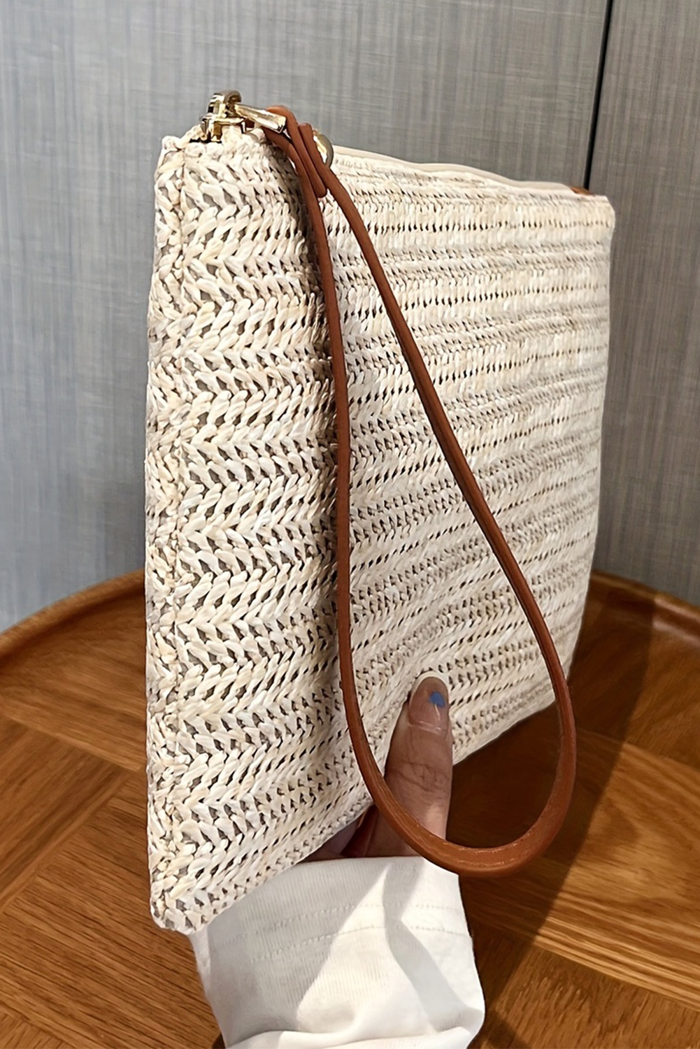 Oatmeal Straw Woven Wrist Strap Zipper Large Wallet - loveforevers