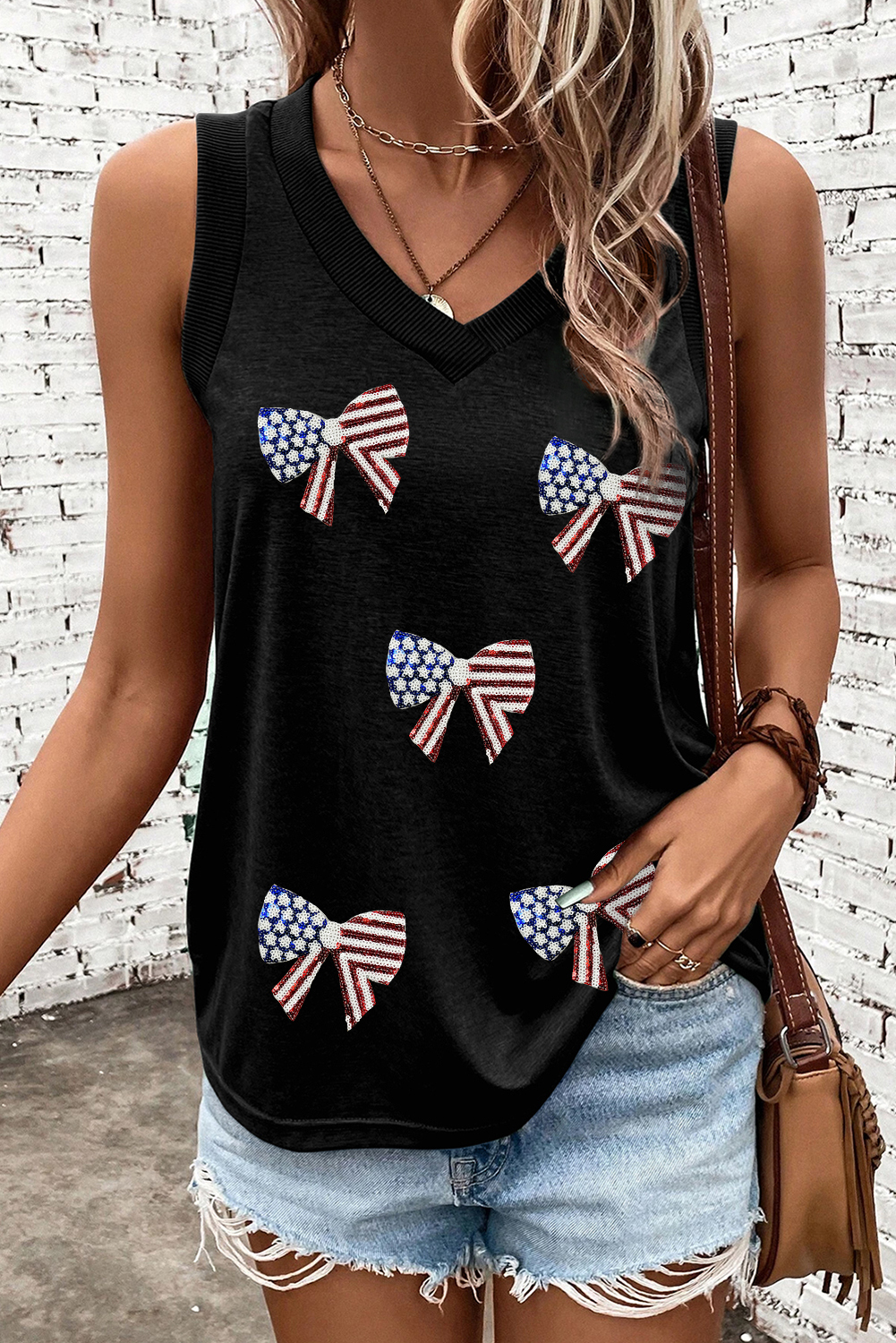 Black Flag Inspired Sequin Bow Patched V Neck Tank Top - loveforevers