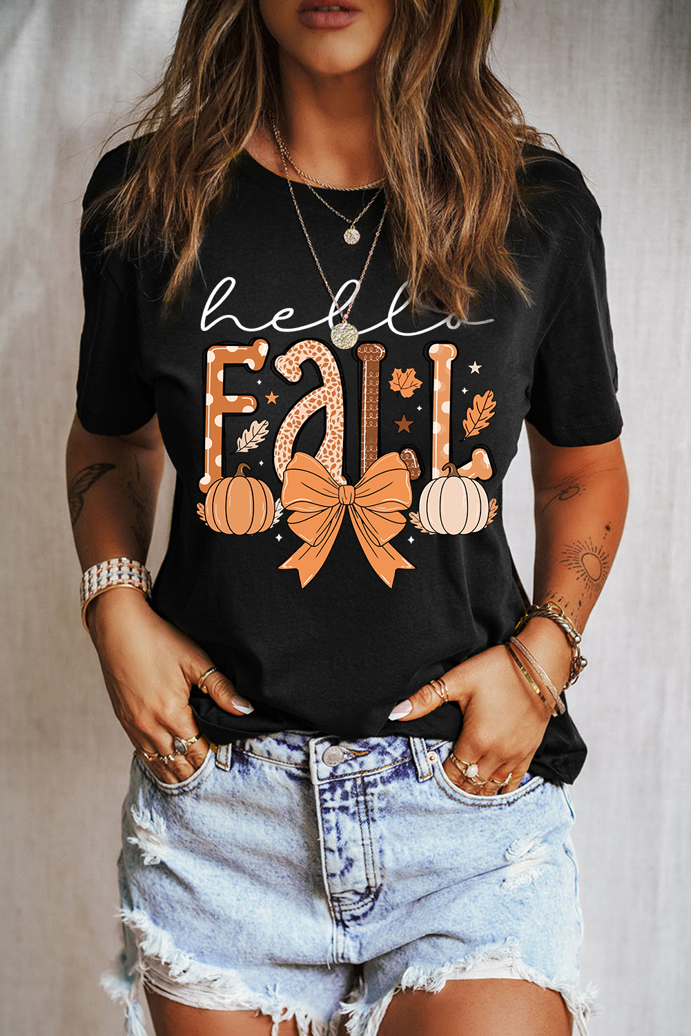 Black Hello Fall Thanksgiving Bow Pumpkin Graphic Tee - loveforevers