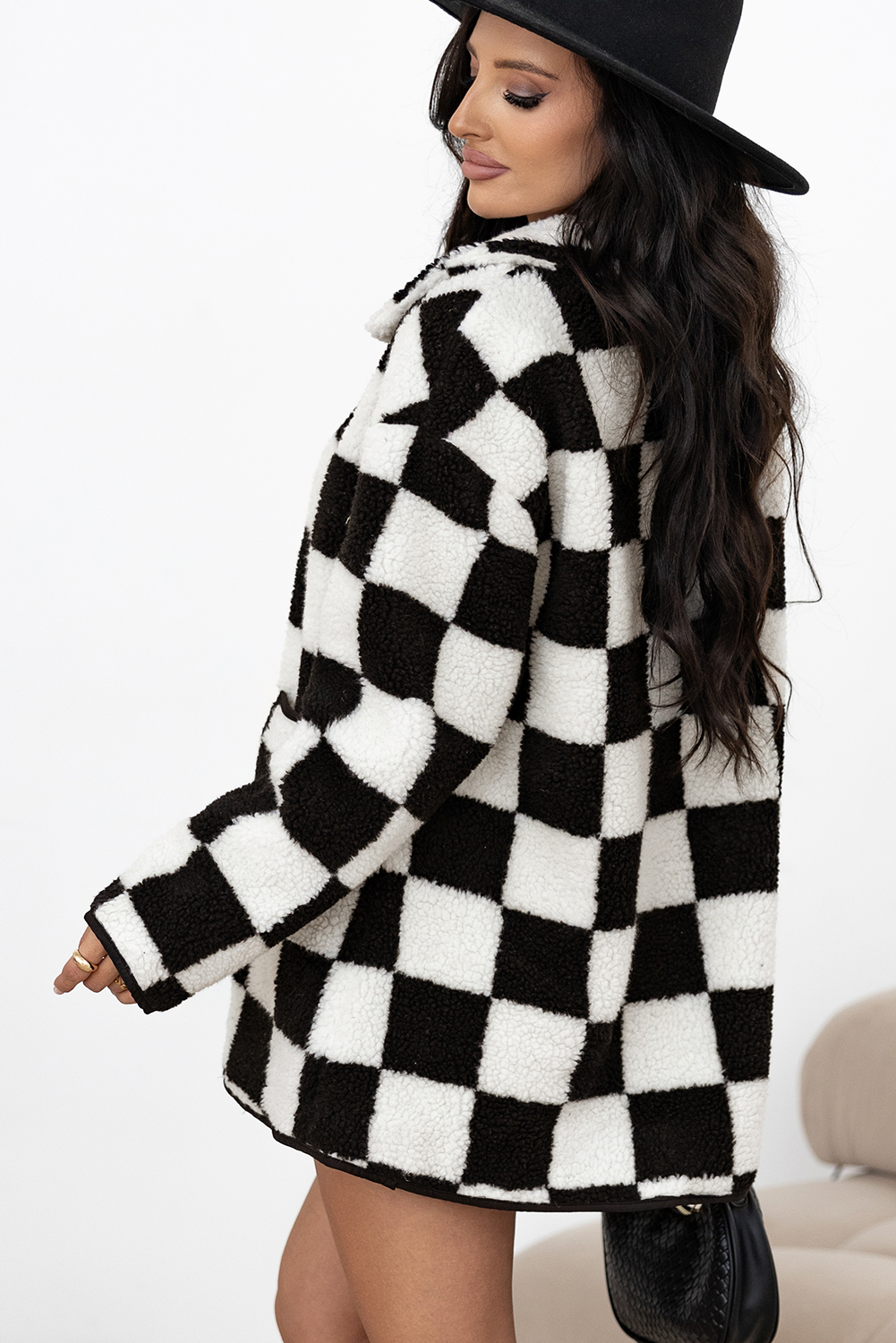 Black Checkered Side Pockets Collared Buttoned Fleece Jacket - loveforevers