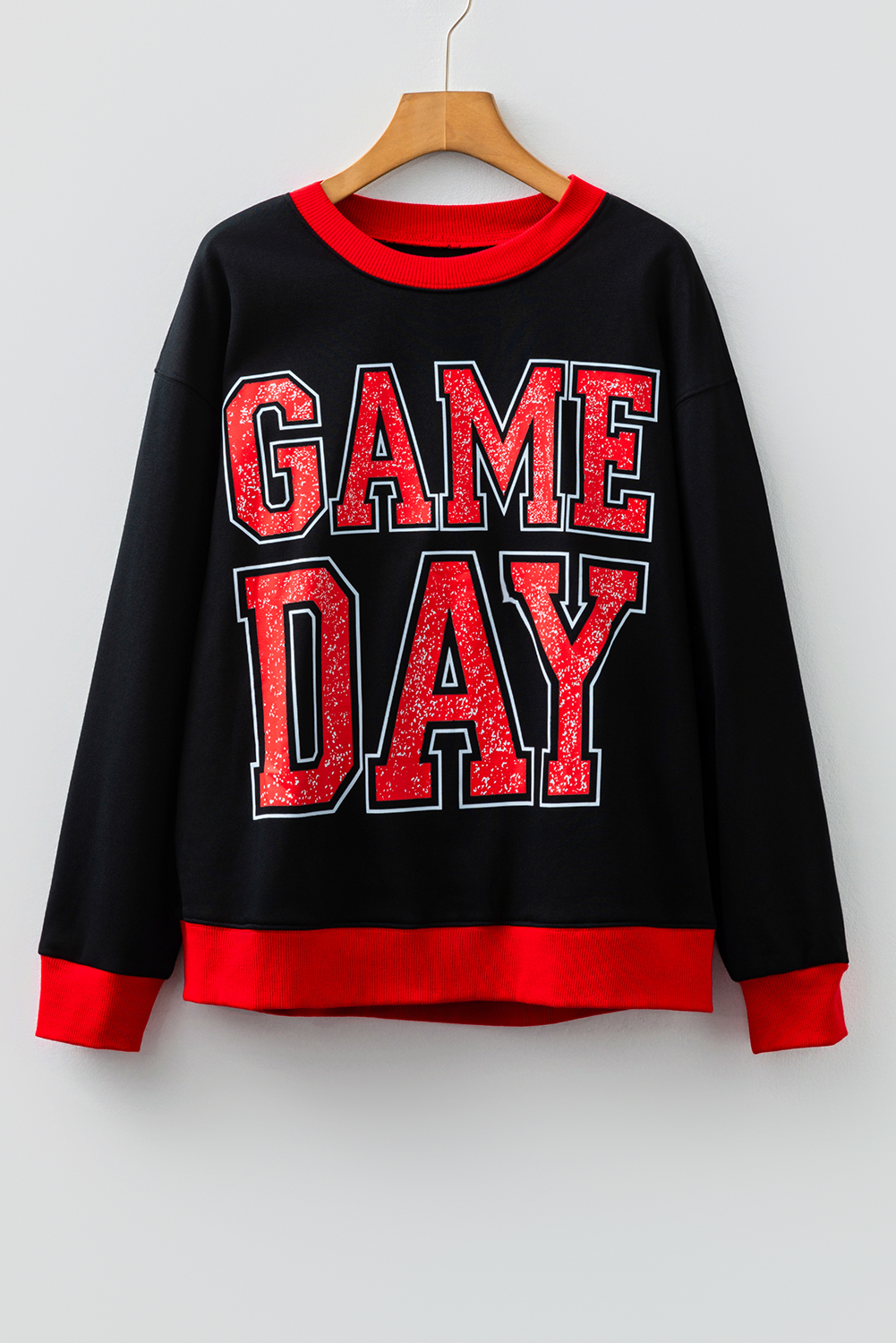 Black GAME DAY Letter Graphic Varsity Striped Detail Baggy Sweatshirt - loveforevers
